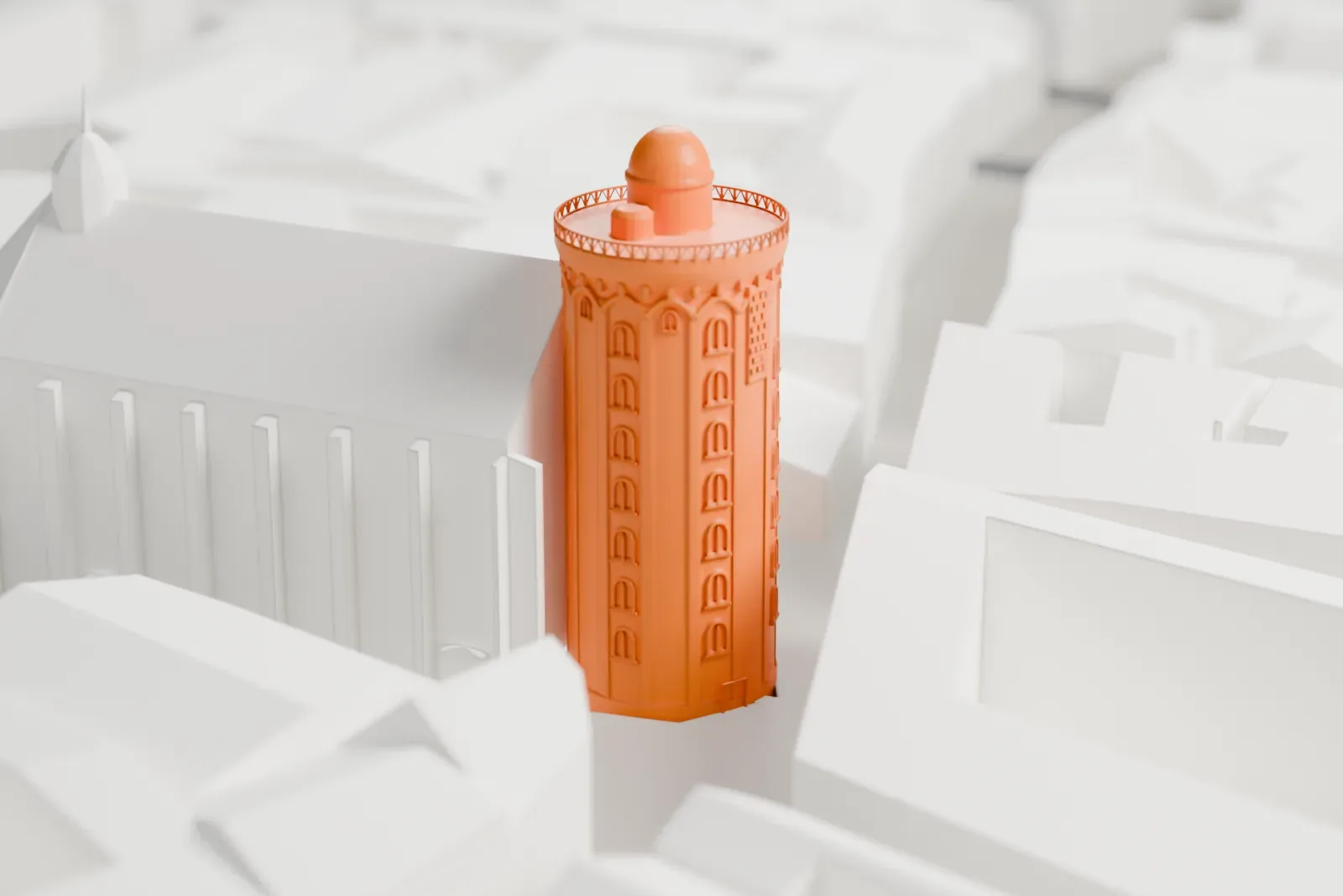 A white 3D print of Rundetaarn, a plain cylindrical brick tower with a small observatory at its top, standing among the surrounding streets and buildings of Copenhagen.