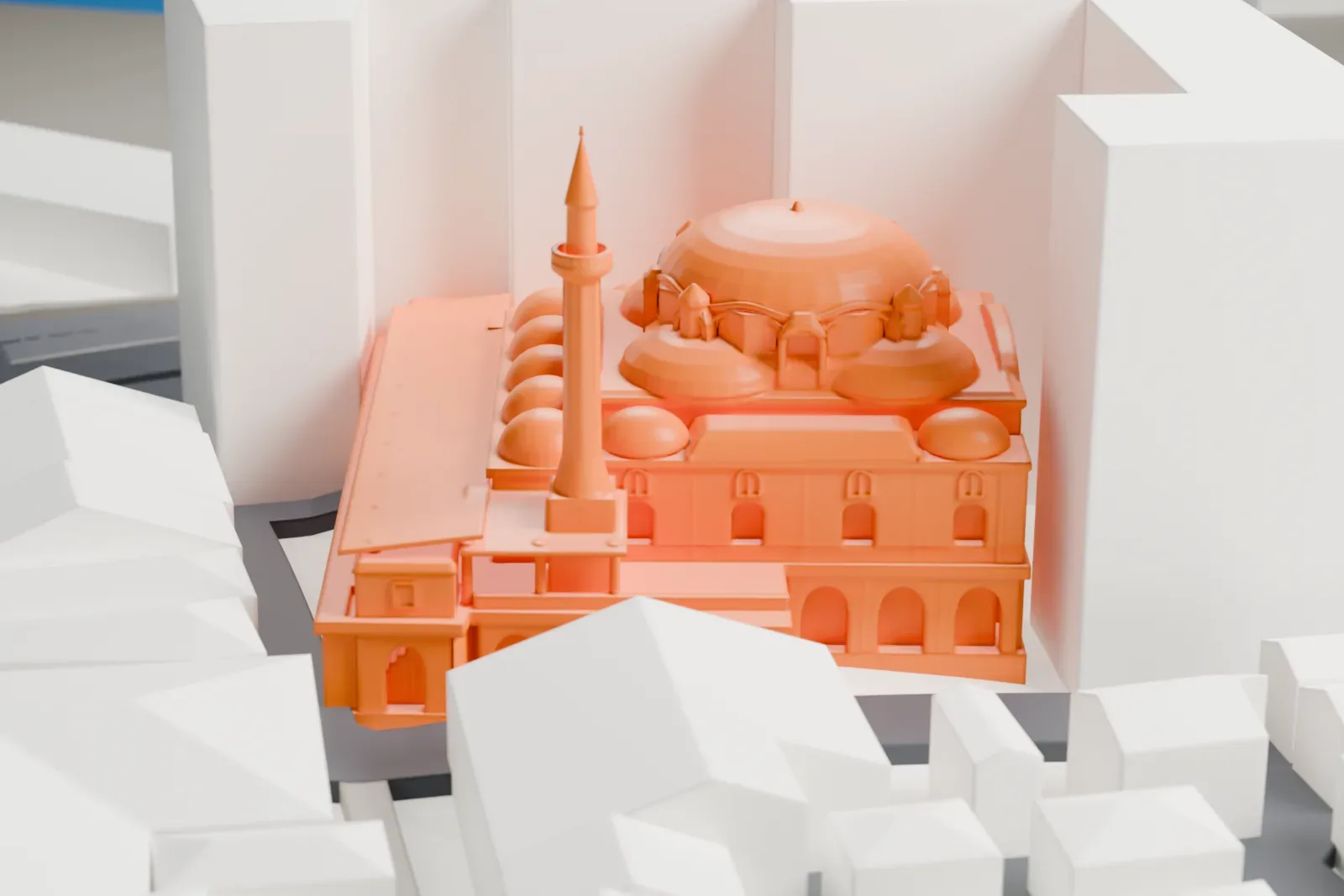 A white 3D print of the Rüstem Pasha Mosque among surrounding streets and buildings.