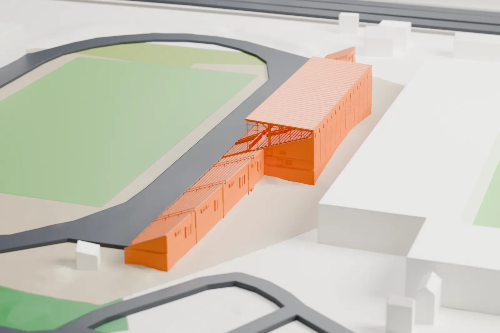 A white 3D print of Ryavallen's long grandstand with a roof on slim columns, among the surrounding streets and buildings.