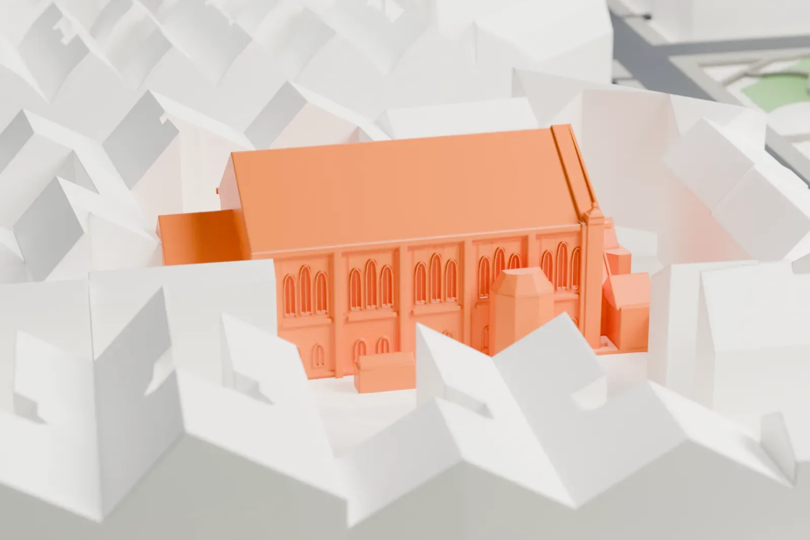 A white 3D print of the Rykestrasse Synagogue among the surrounding Berlin buildings.