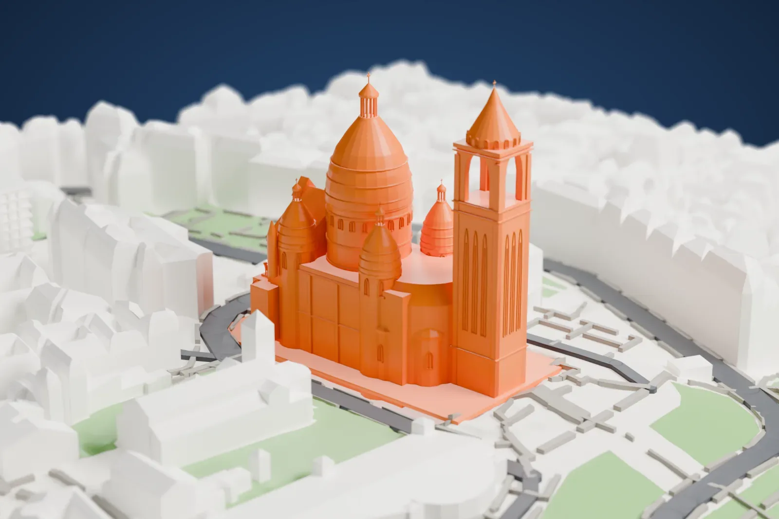 A white 3D print of the Sacré-Cœur Basilica, with a central dome, smaller turrets and a tall tower among streets, buildings and terraced parkland.