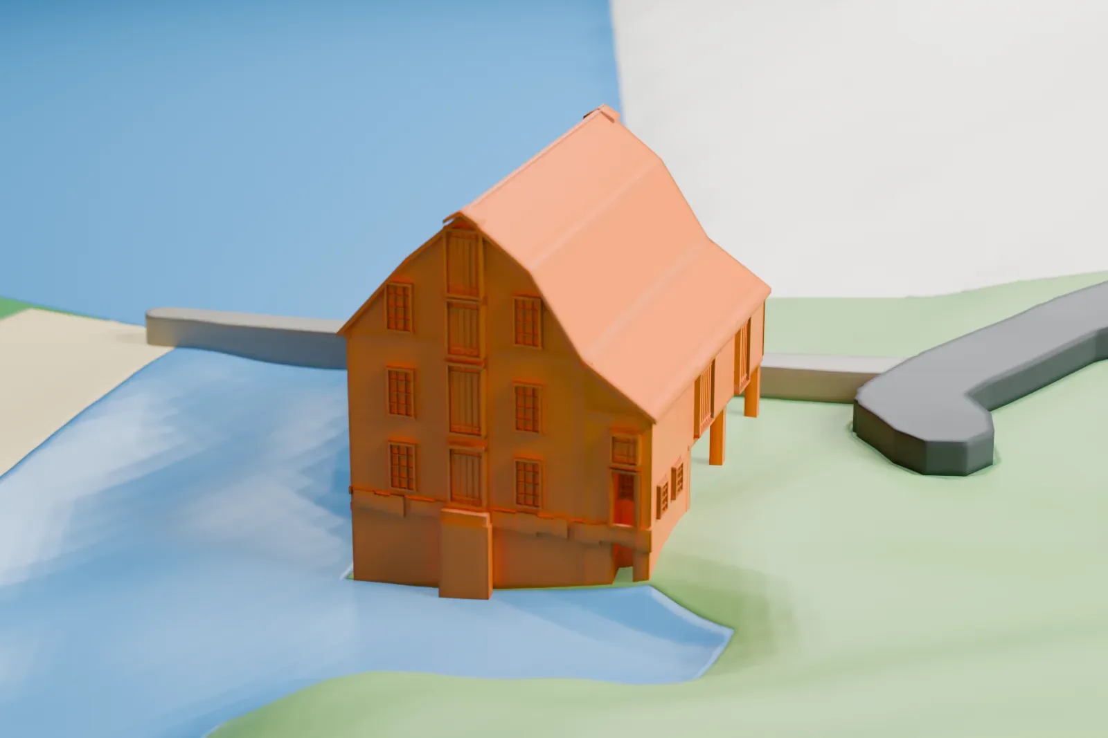 A white 3D print of the Saddle Rock Grist Mill, a gambrel-roofed building with a waterwheel, standing beside a millpond with a dam, a short road and grassy shores.
