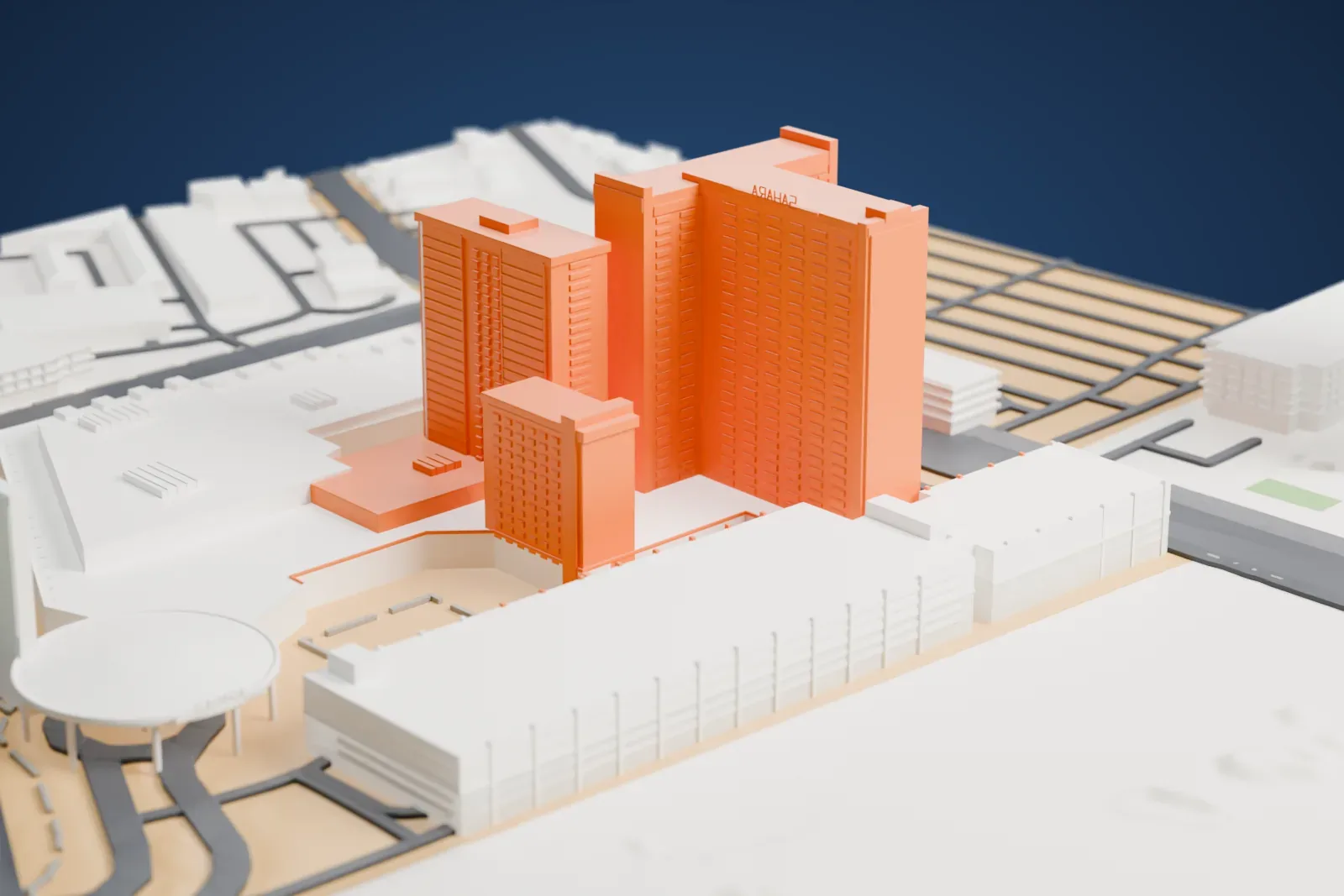A white 3D print of Sahara Las Vegas, a group of hotel towers and low wings with a round canopy at the front, surrounded by wide roads and neighboring high-rises.