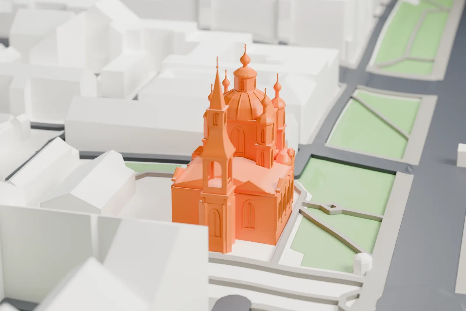 A white 3D print of Saint Andrew's Cathedral, surrounded by streets and buildings.