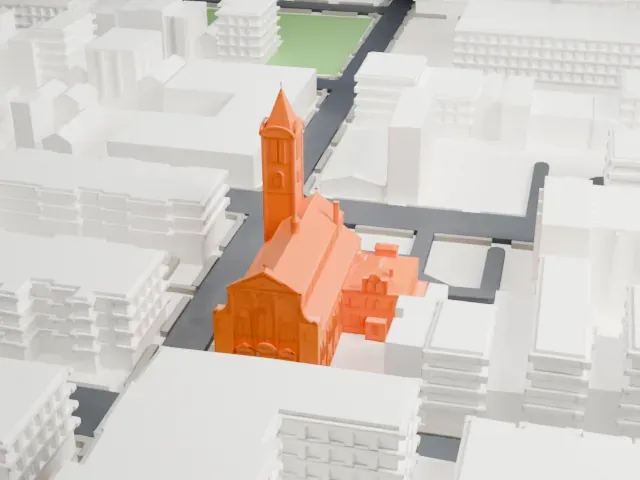 Saint Ann Roman Catholic Church and Rectory model, East view