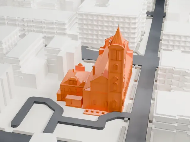 Saint Ann Roman Catholic Church and Rectory model, West view