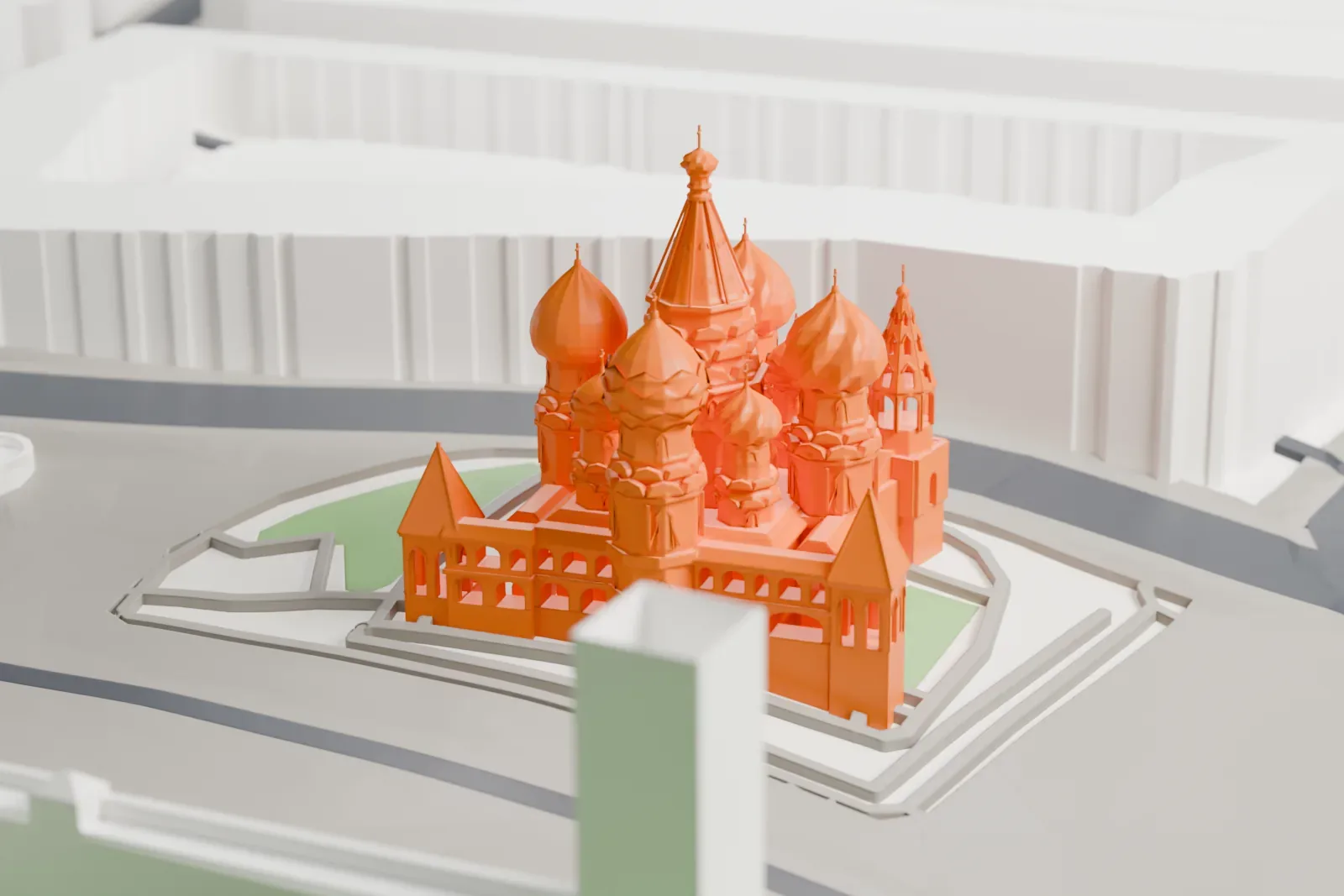 A white 3D print of Saint Basil's Cathedral, its cluster of onion domes standing on Red Square among the surrounding buildings.