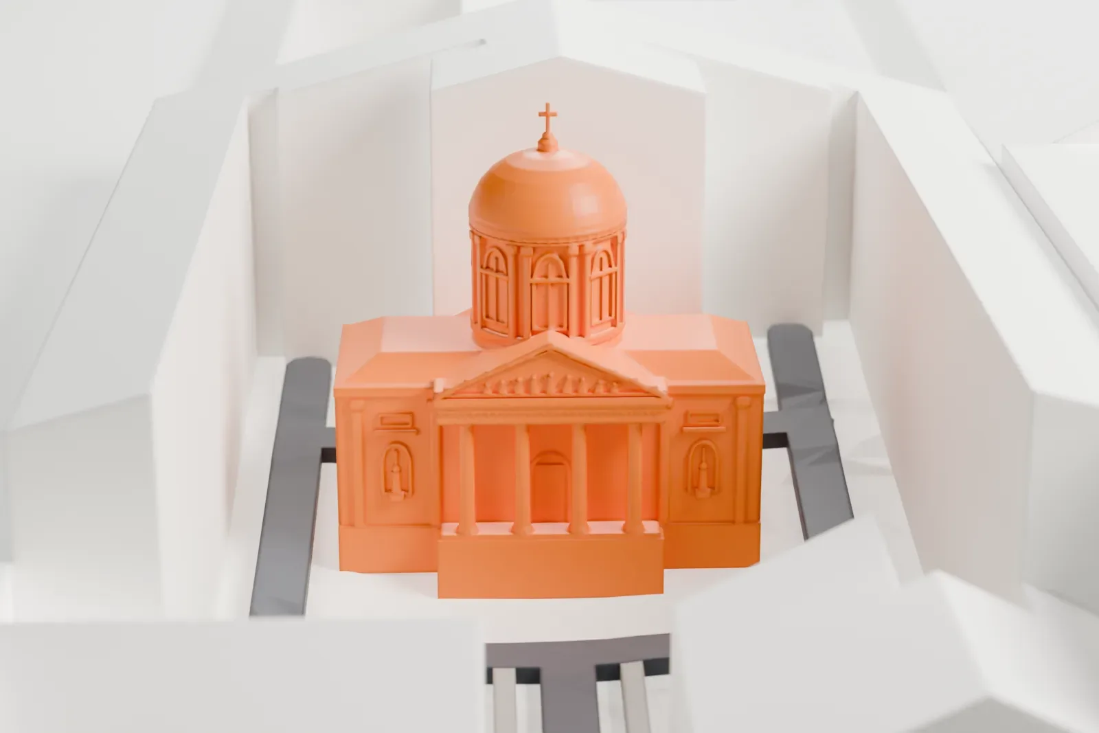 A white 3D print of Saint Catherine's Armenian Church, a church among surrounding city buildings.