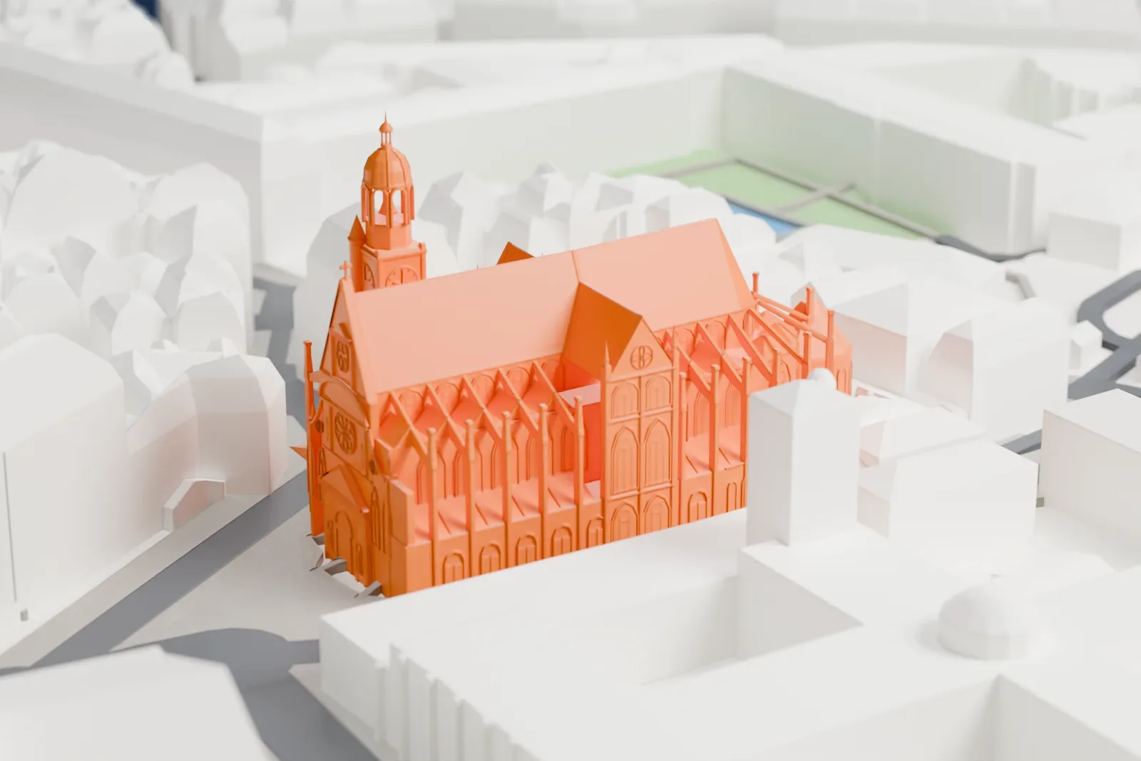A white 3D print of the Église Saint-Étienne-du-Mont, with its church body and bell tower among surrounding streets and buildings.