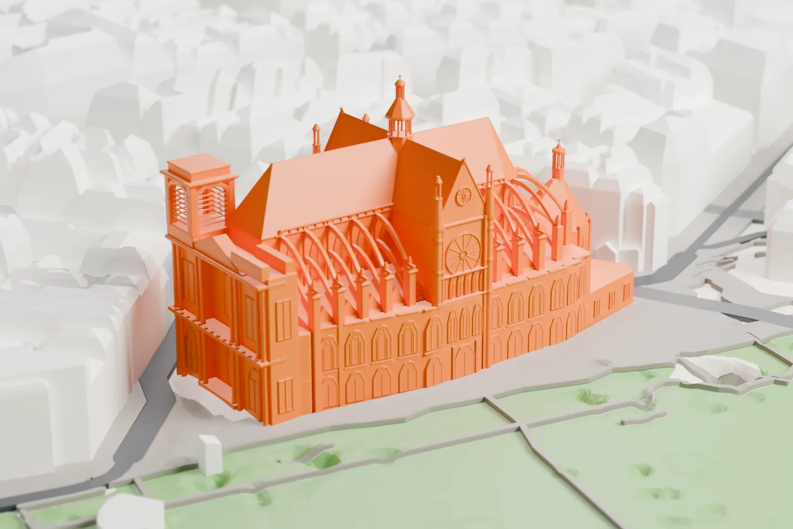 A white 3D print of Église Saint-Eustache, a long stone church with a high roof and a classical principal facade, standing among the surrounding city blocks.