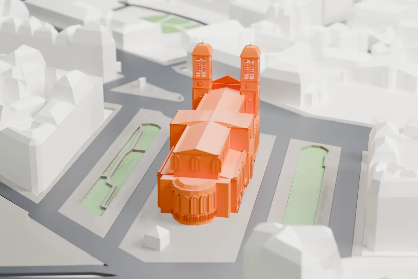 A white 3D print of St Francis Xavier Church among the streets and buildings of Paris's 7th arrondissement.