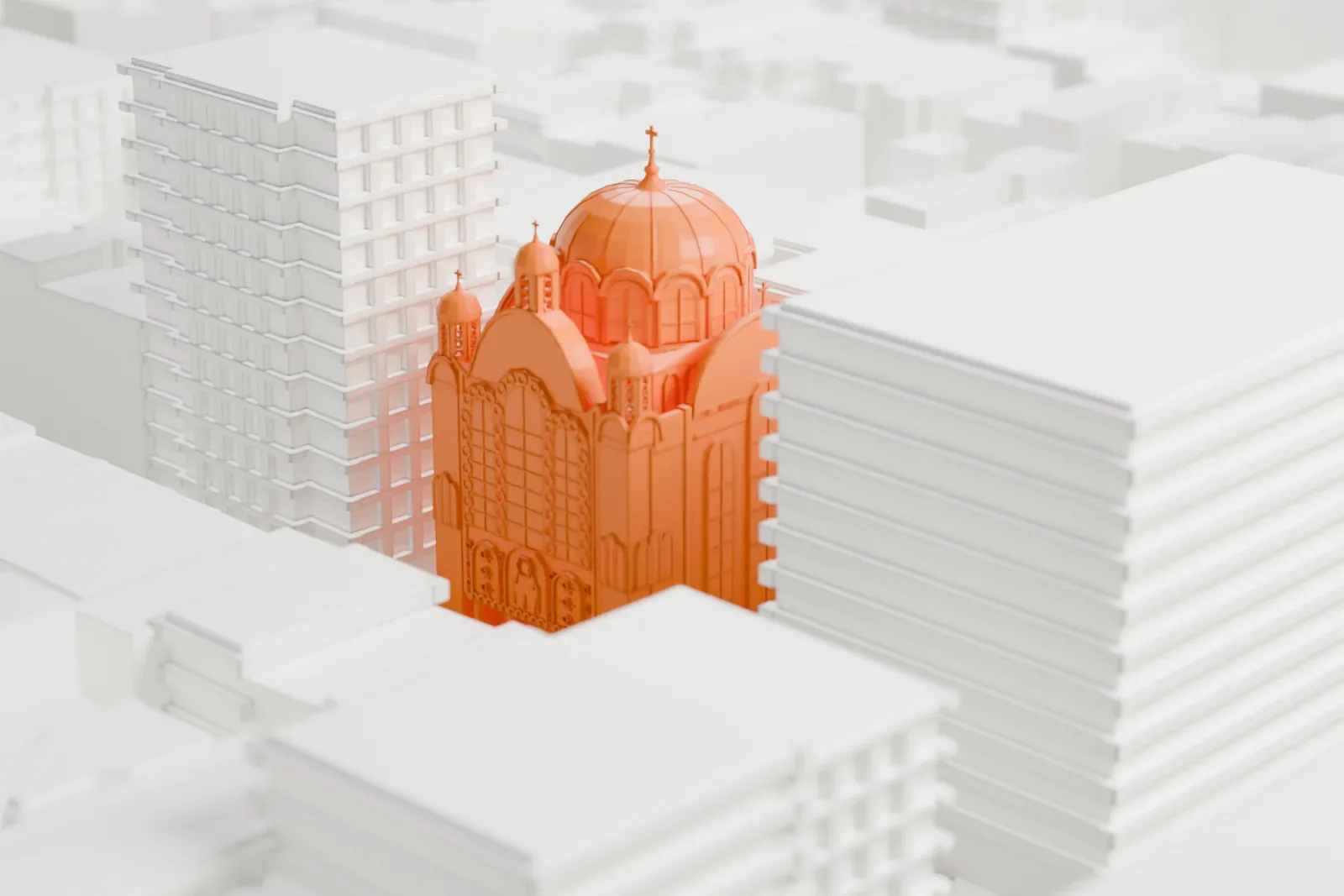 A white 3D print of Saint George Ukrainian Catholic Church, a domed church tucked into a dense block of taller buildings and streets.