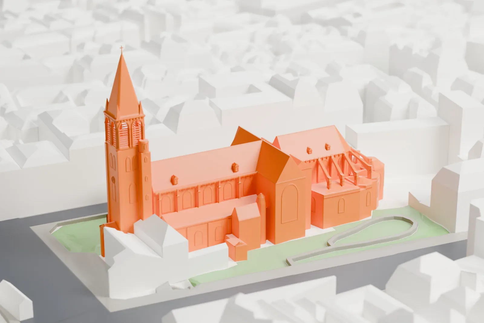 A white 3D print of the Church of Saint-Germain-des-Prés with its bell tower, among the surrounding streets and buildings of Paris.
