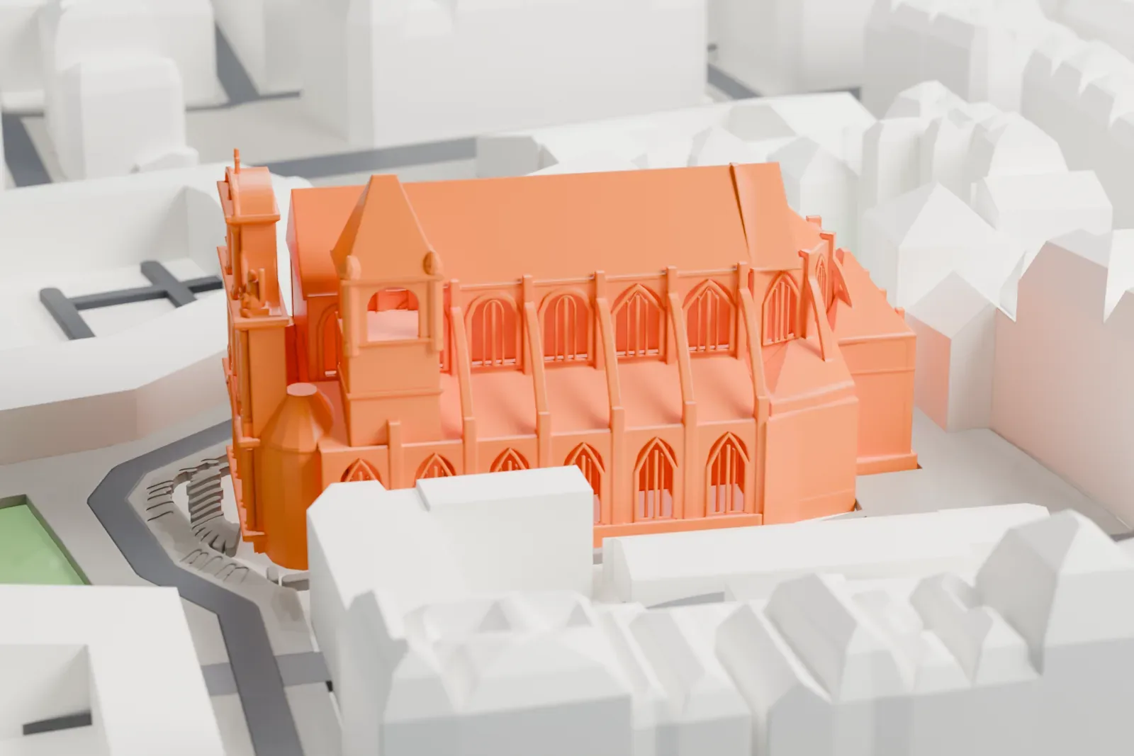 A white 3D print of Saint-Gervais-Saint-Protais in the Marais district of Paris, with surrounding streets and buildings.
