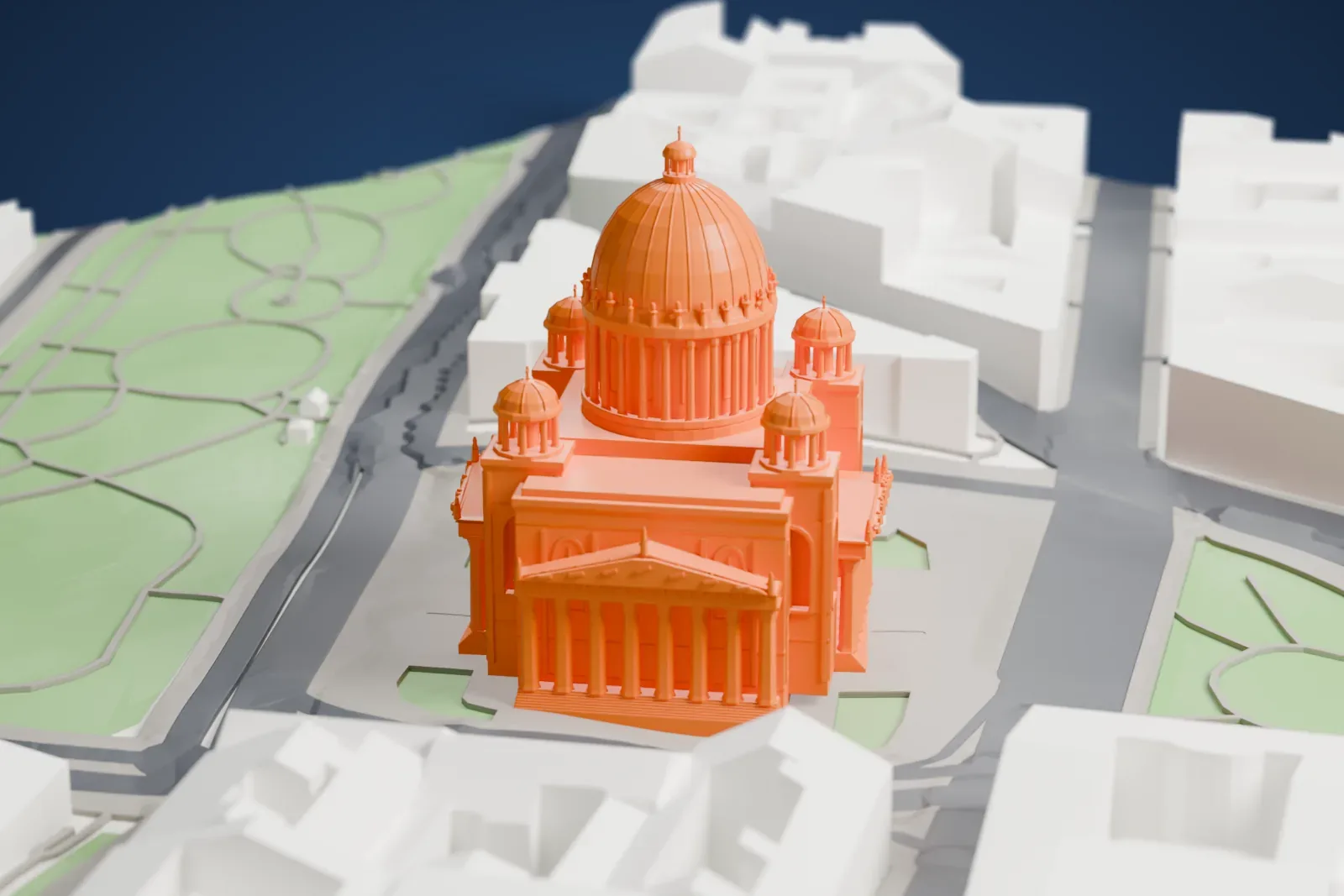A white 3D print of Saint Isaac's Cathedral, a large domed church on a wide base, among the surrounding streets and buildings.