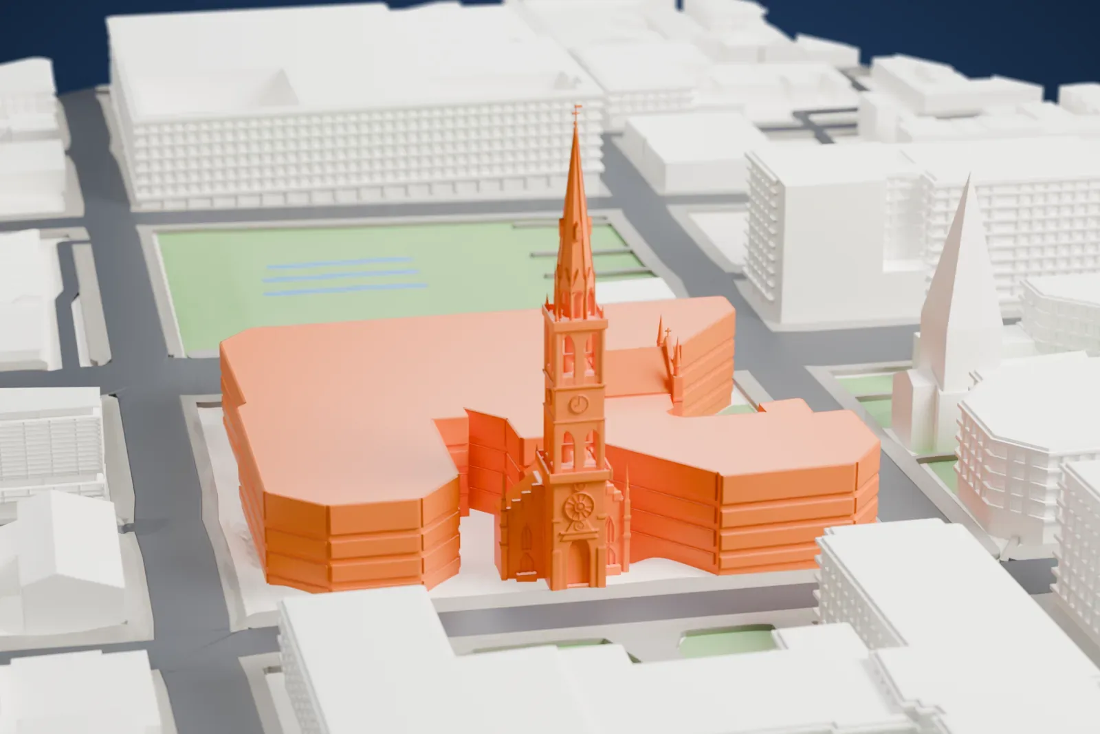 A white 3D print of Saint-Jacques Cathedral in Montreal, shown among the surrounding streets and buildings.