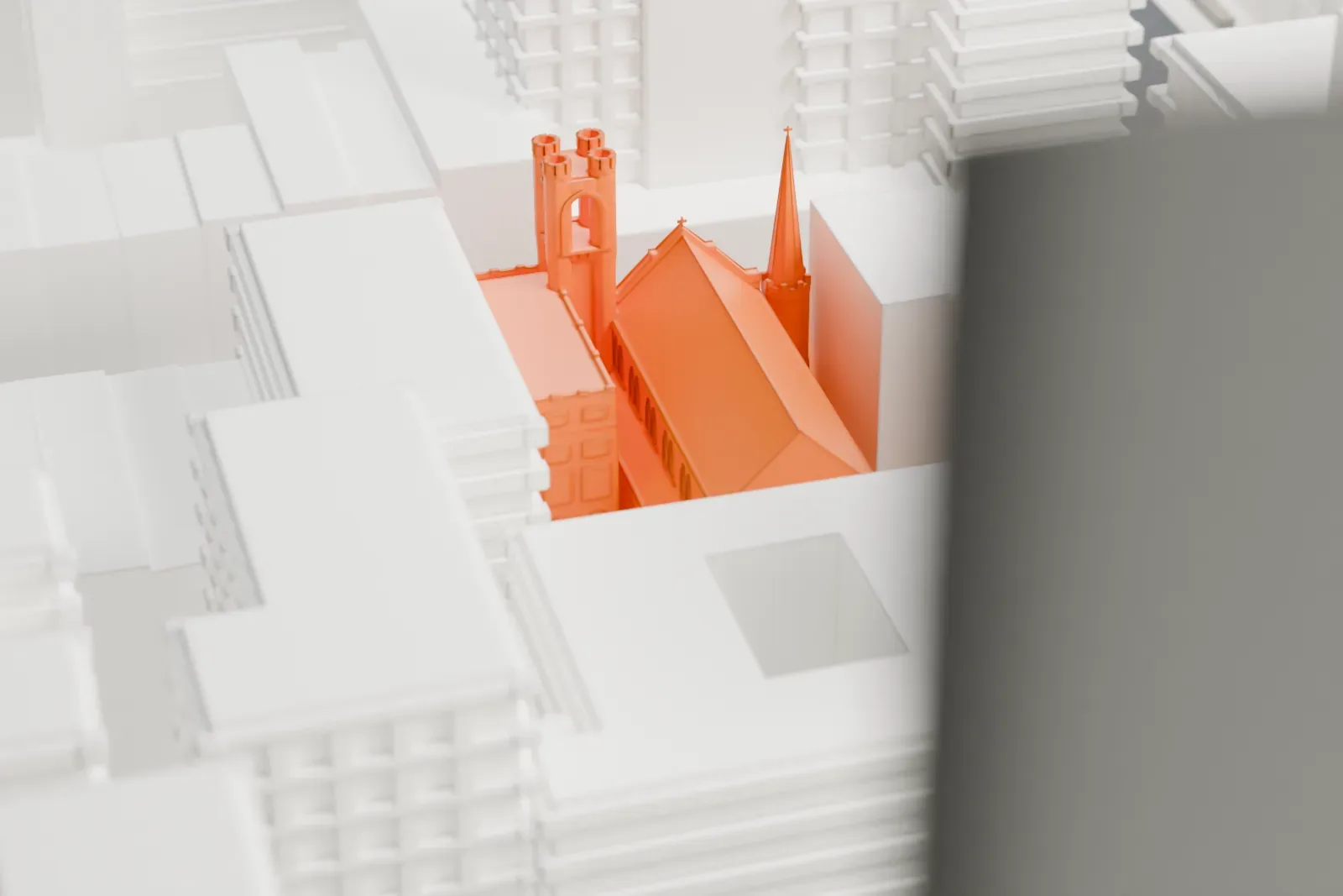 A white 3D print of Saint Luke's Lutheran Church, a small church with pointed details, almost hidden among the tall buildings of a dense city block.