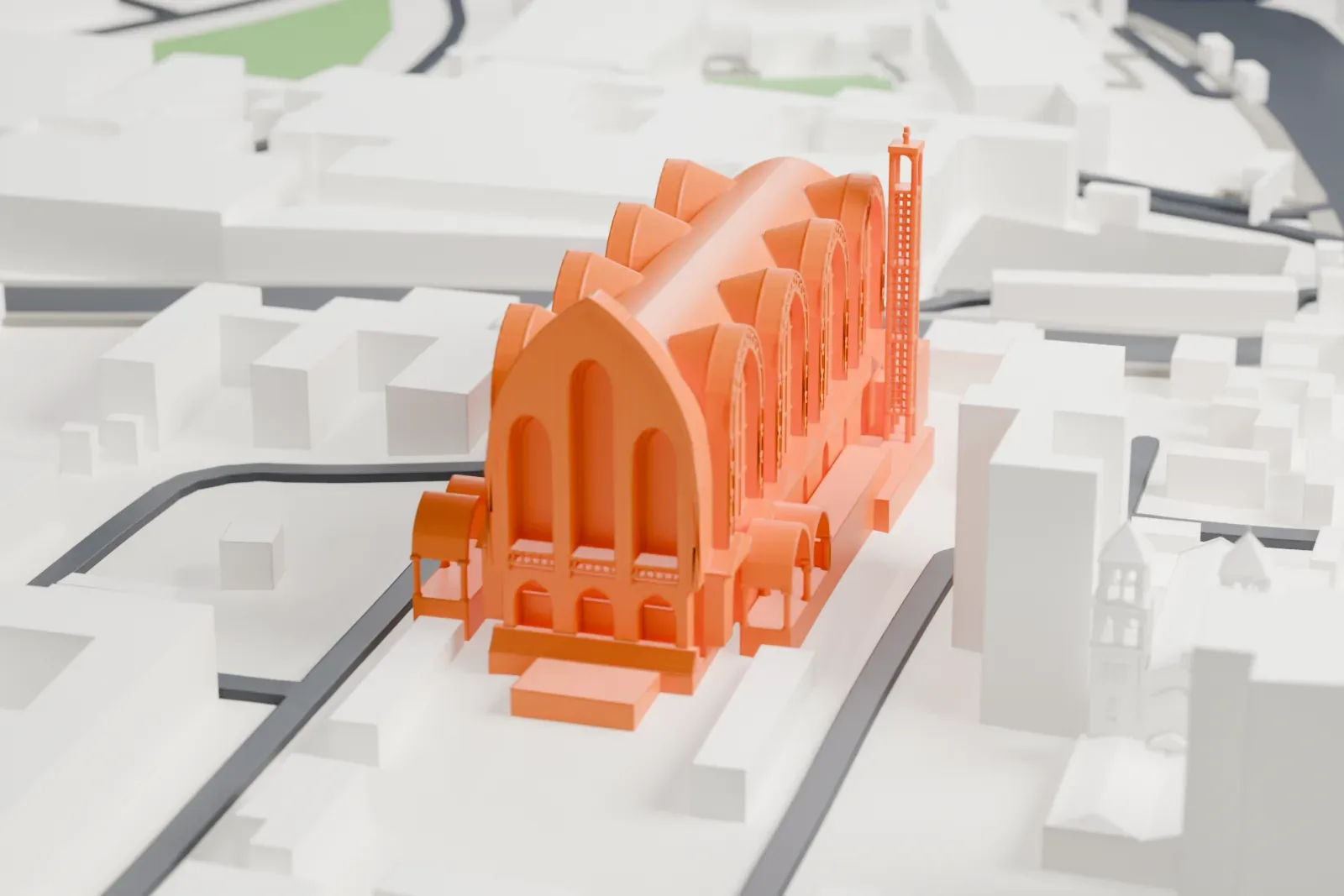 A white 3D print of Saint Mark's Coptic Orthodox Cathedral, a church with a cross-shaped plan, among the surrounding Cairo blocks.