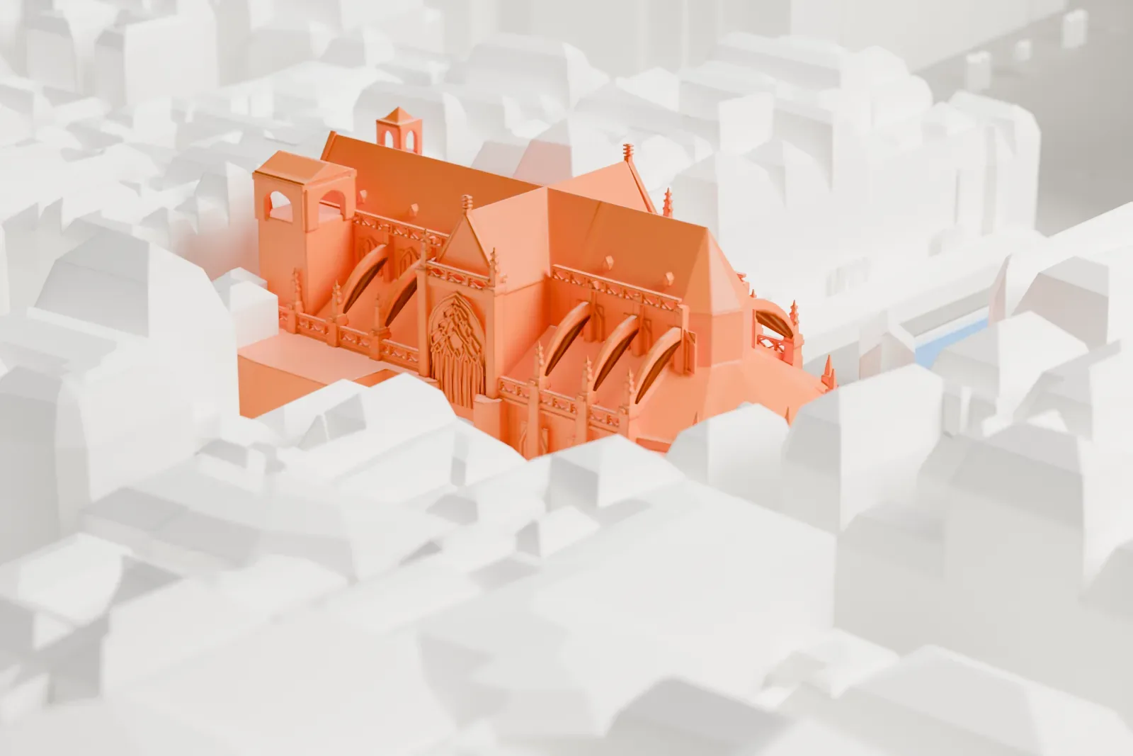 A white 3D print of Saint-Merri in Paris, a Gothic parish church among the surrounding streets and buildings near the Centre Pompidou.