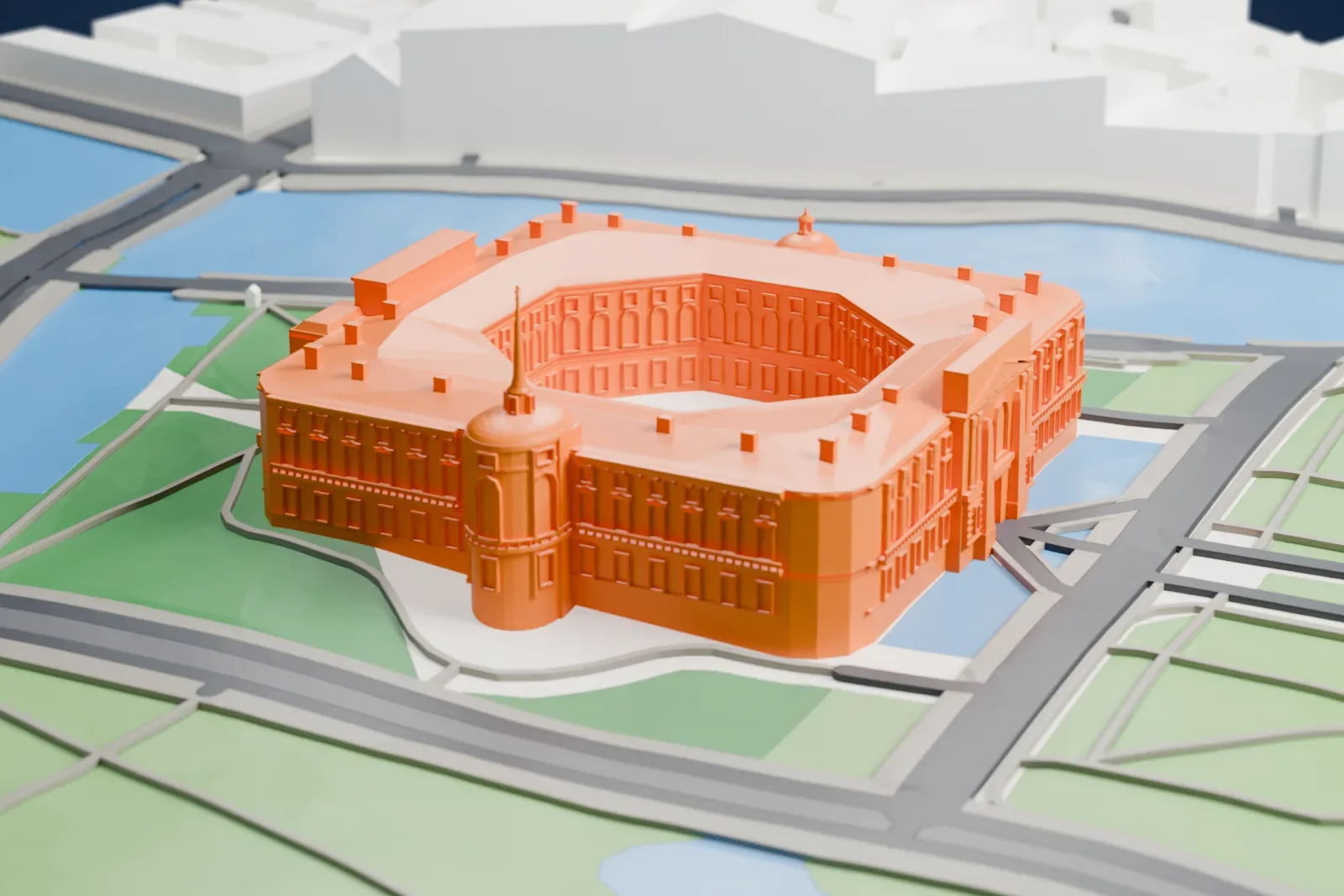 A white 3D print of Saint Michael's Castle in Saint Petersburg, standing among the surrounding streets and buildings.