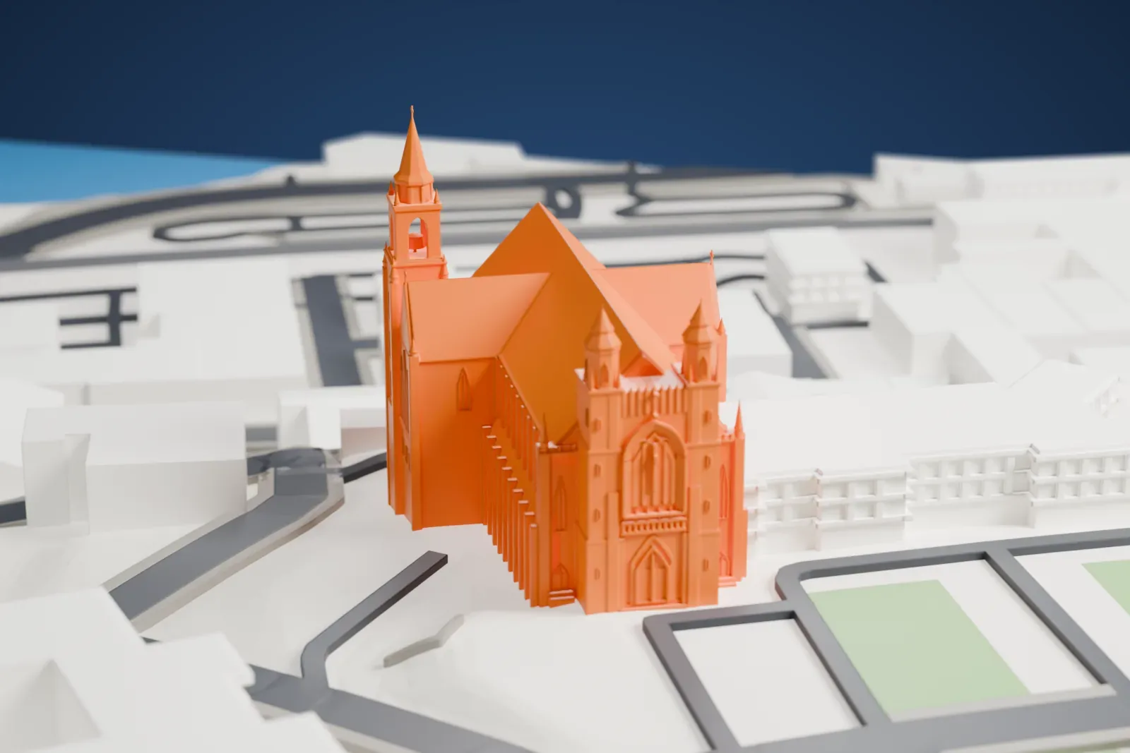 A white 3D print of the Saint-Michel Basilica-Cathedral, with surrounding streets and buildings.