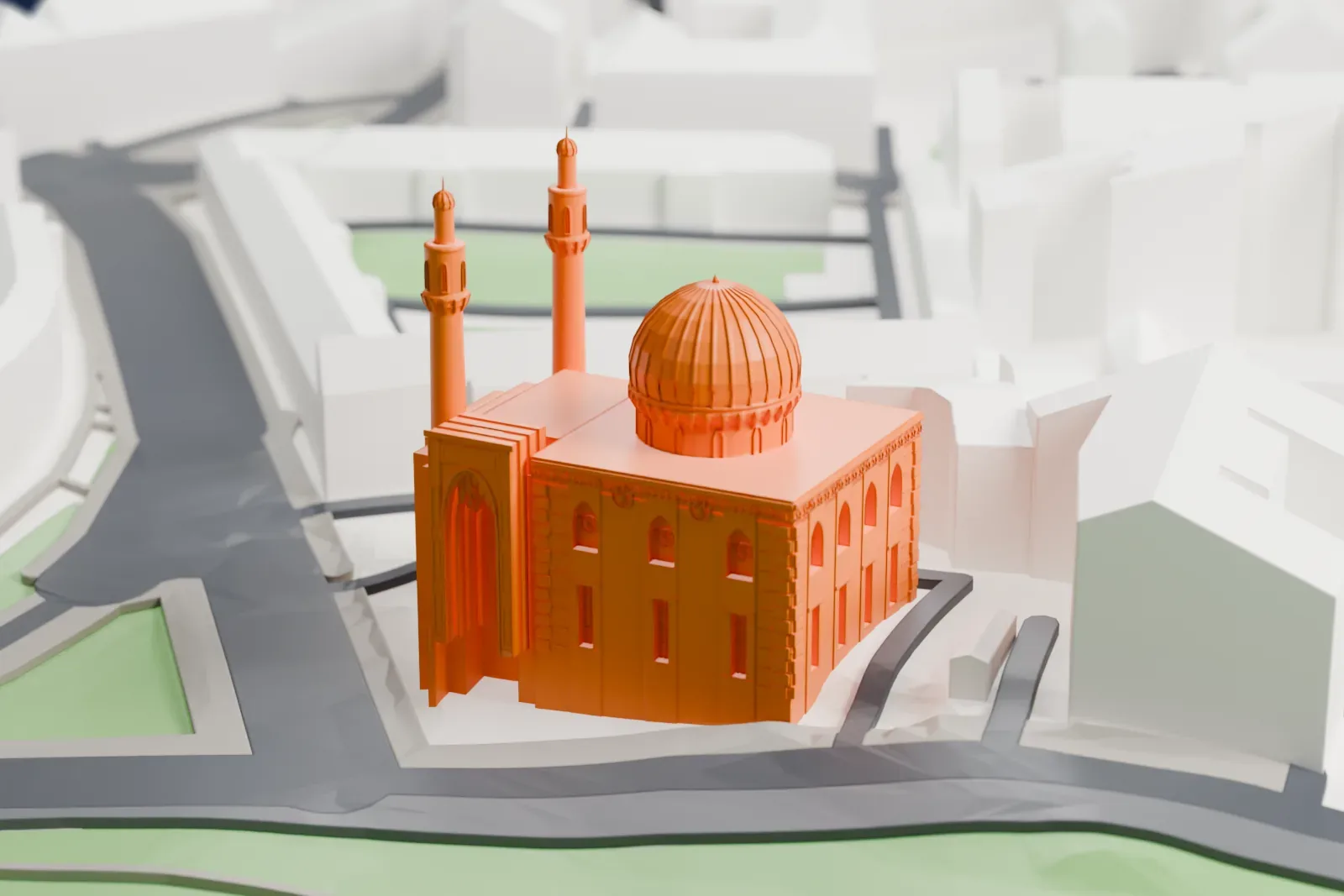 A white 3D print of the Saint Petersburg Mosque, with a large dome and two tall slender minarets, standing among the surrounding city buildings.