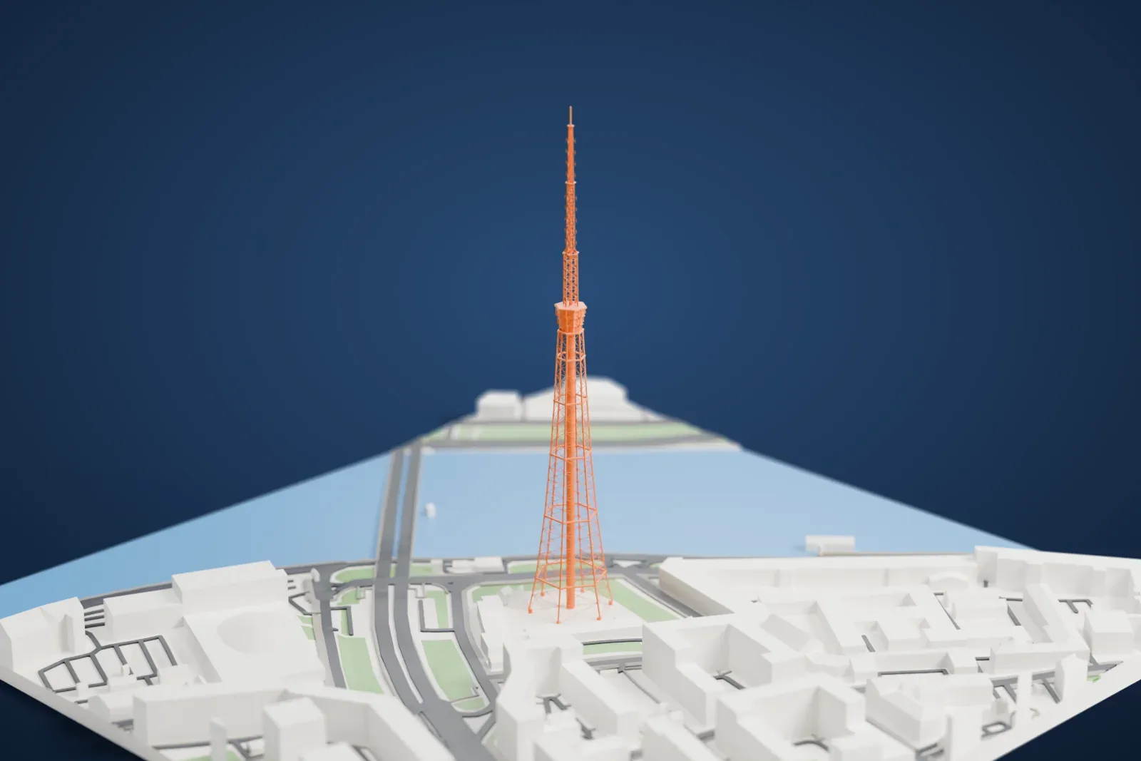 A white 3D print of the Saint Petersburg TV Tower rising above the surrounding city.