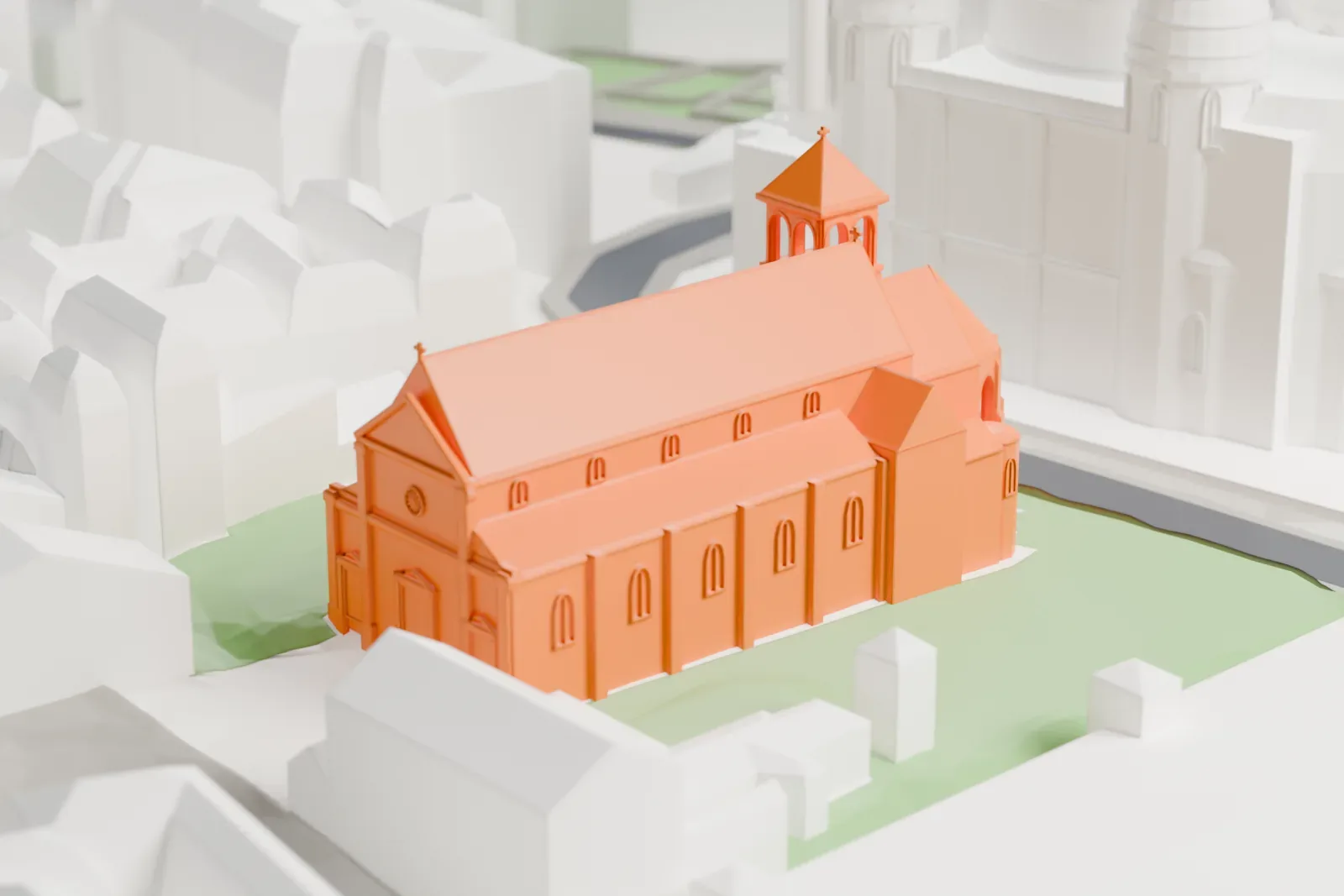 A white 3D print of Saint-Pierre de Montmartre among the streets and buildings of Montmartre in Paris.