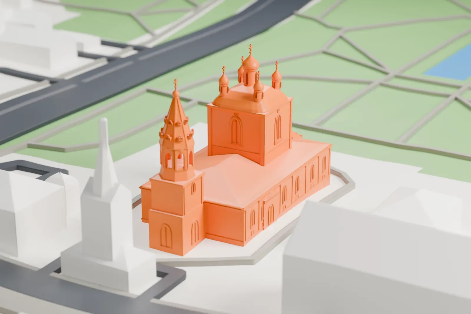 A white 3D print of Saint Sampson's Cathedral among surrounding streets and buildings.