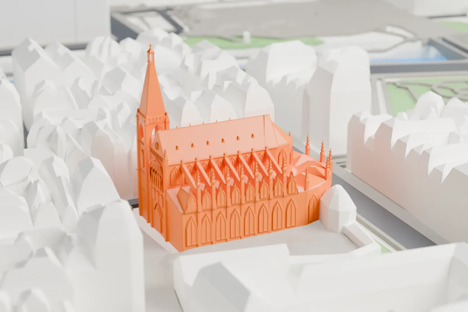 A white 3D print of Saint-Séverin among the streets and buildings of the Latin Quarter.