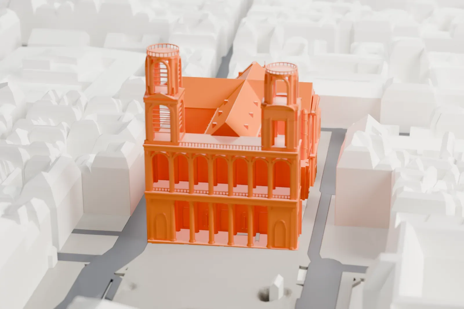 A white 3D print of Saint-Sulpice Church, a large stone church, standing among the surrounding buildings.
