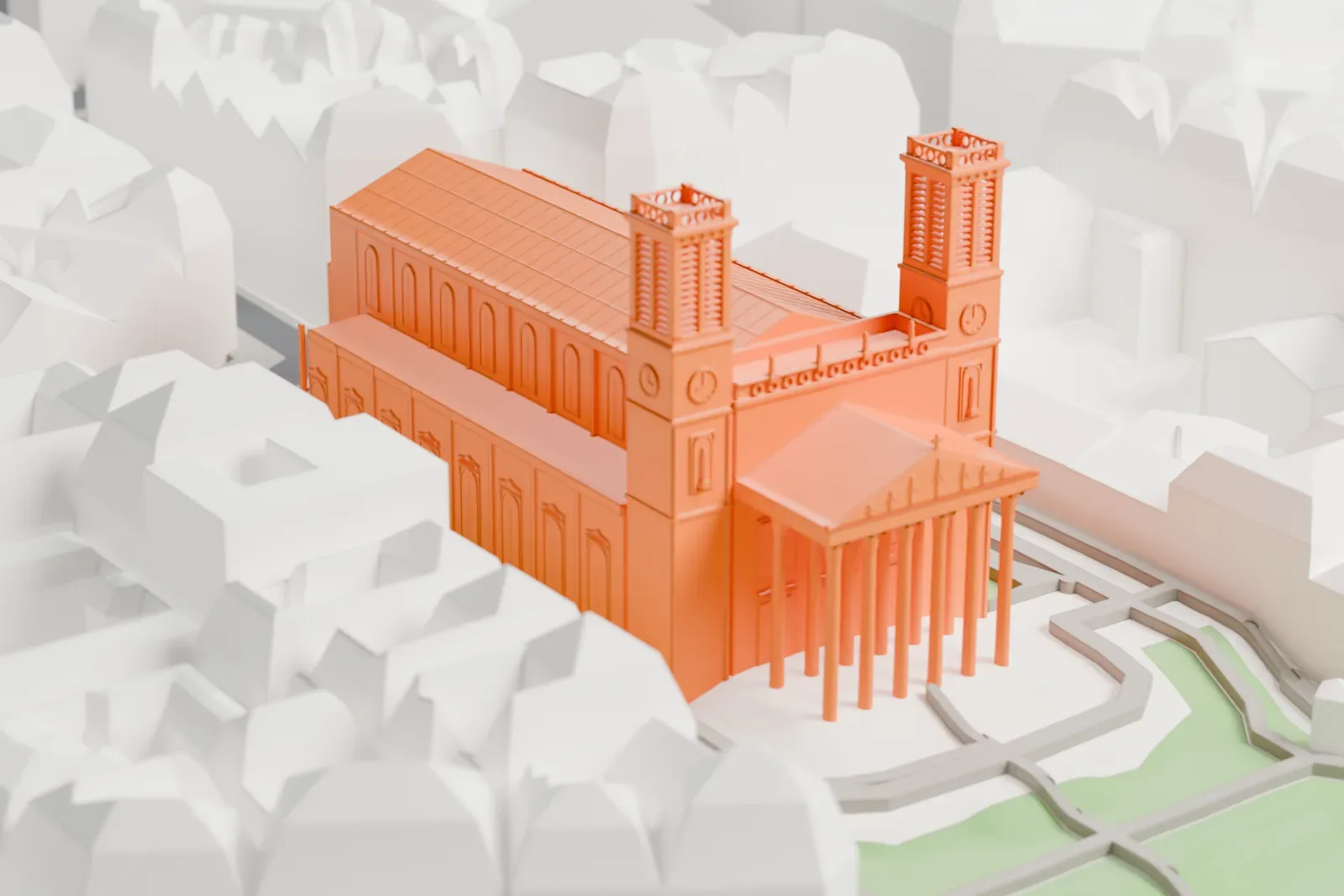 A white 3D print of the Church of Saint-Vincent-de-Paul among the surrounding streets and buildings of Paris.