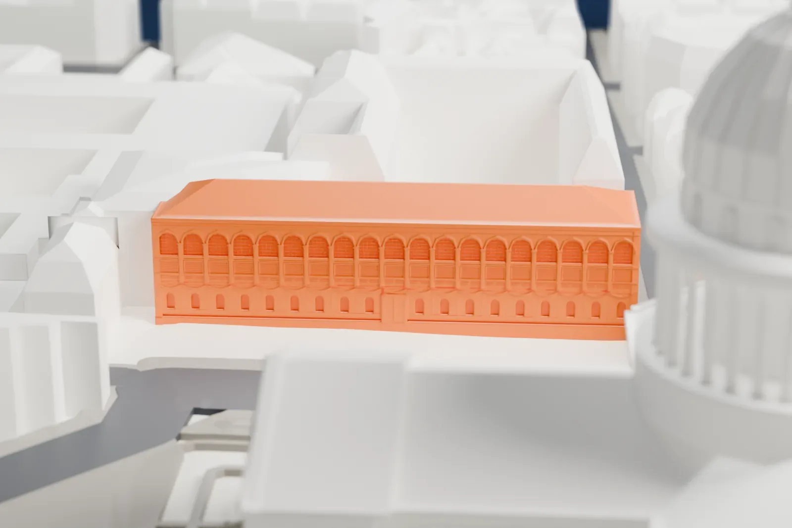 A white 3D print of the Sainte-Geneviève Library in Paris, on the square across from the Panthéon with surrounding buildings.