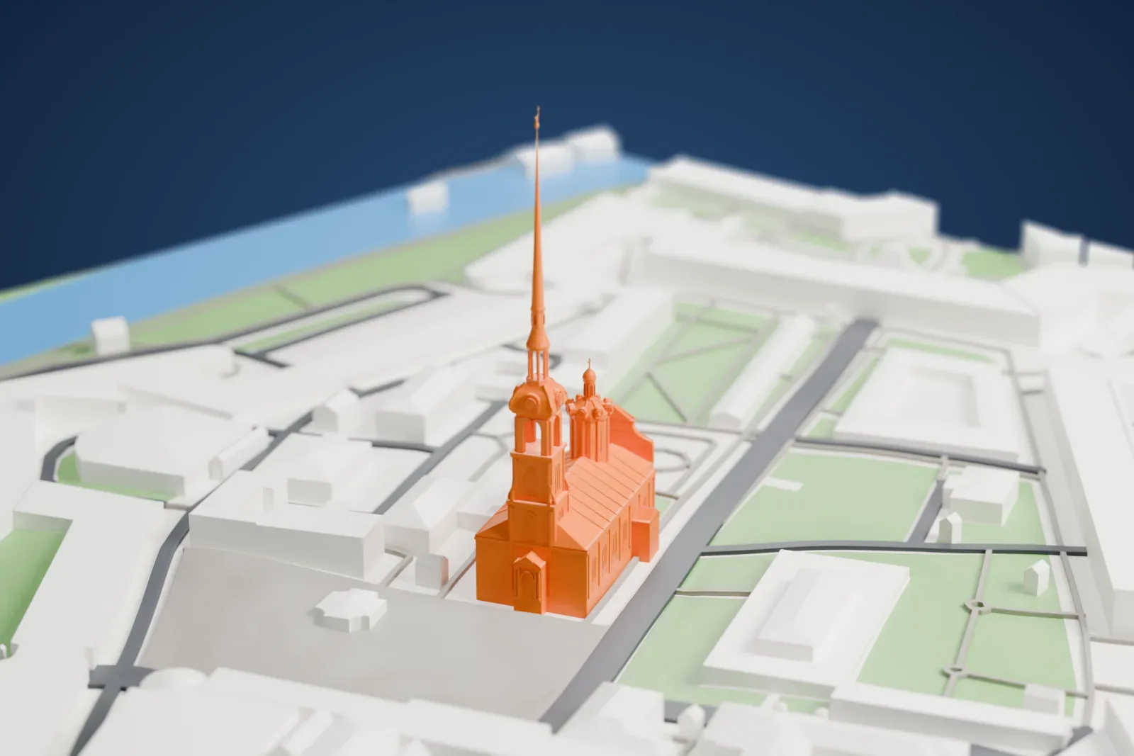 A white 3D print of the Peter and Paul Cathedral in Saint Petersburg, with the surrounding buildings of the city.