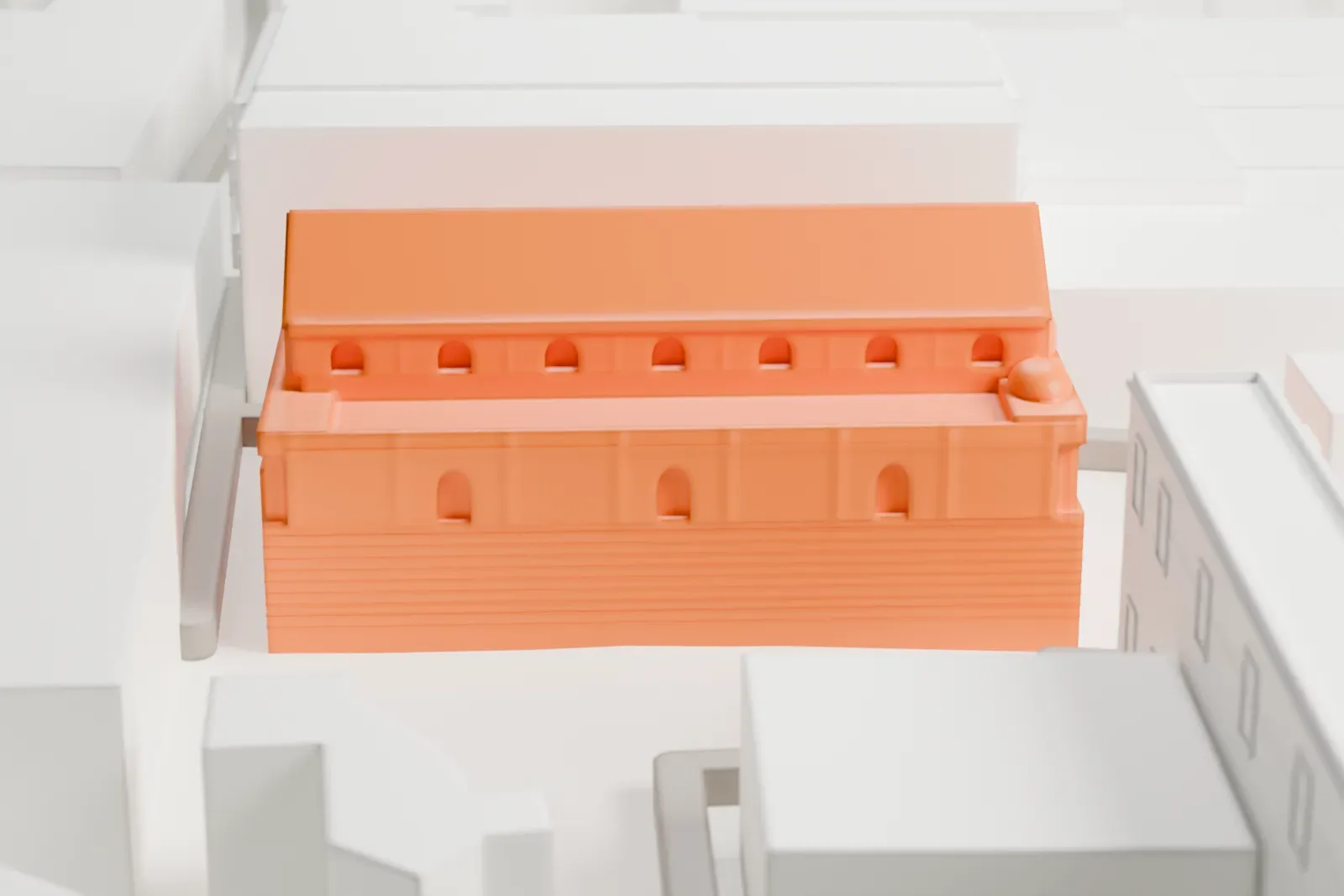 A white 3D print of Saints Sergius and Bacchus Church among the surrounding streets and buildings.