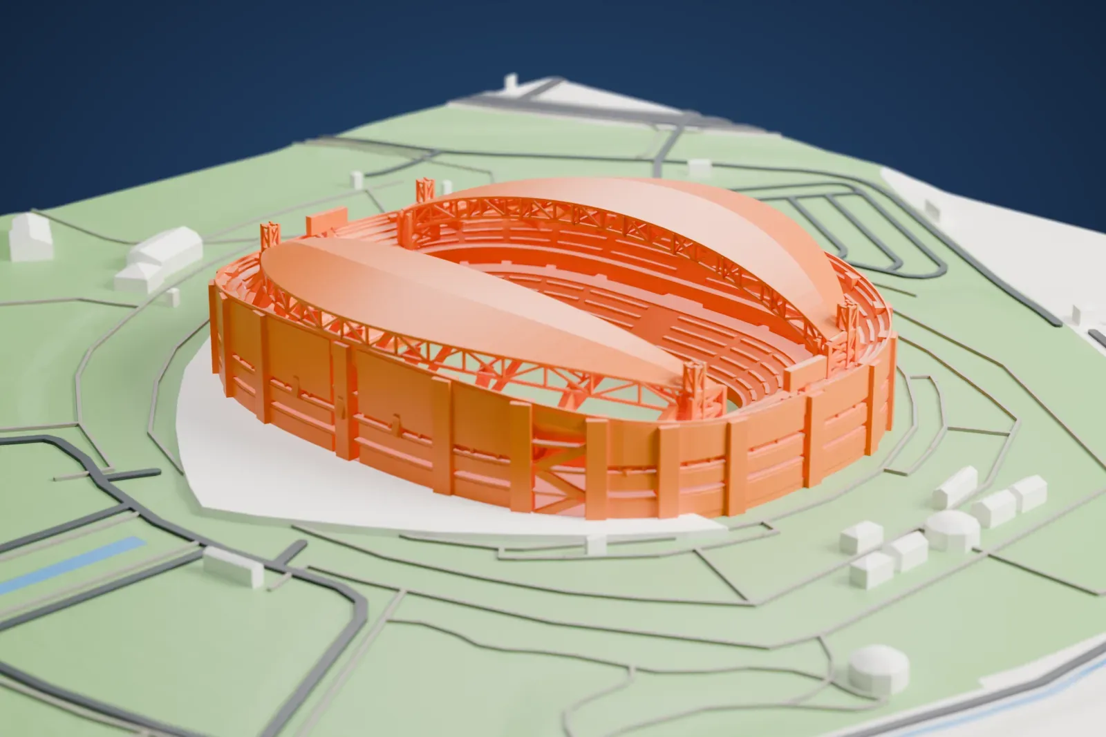 A white 3D print of the Saitama Stadium 2002, a wide oval stadium, set among the surrounding city.