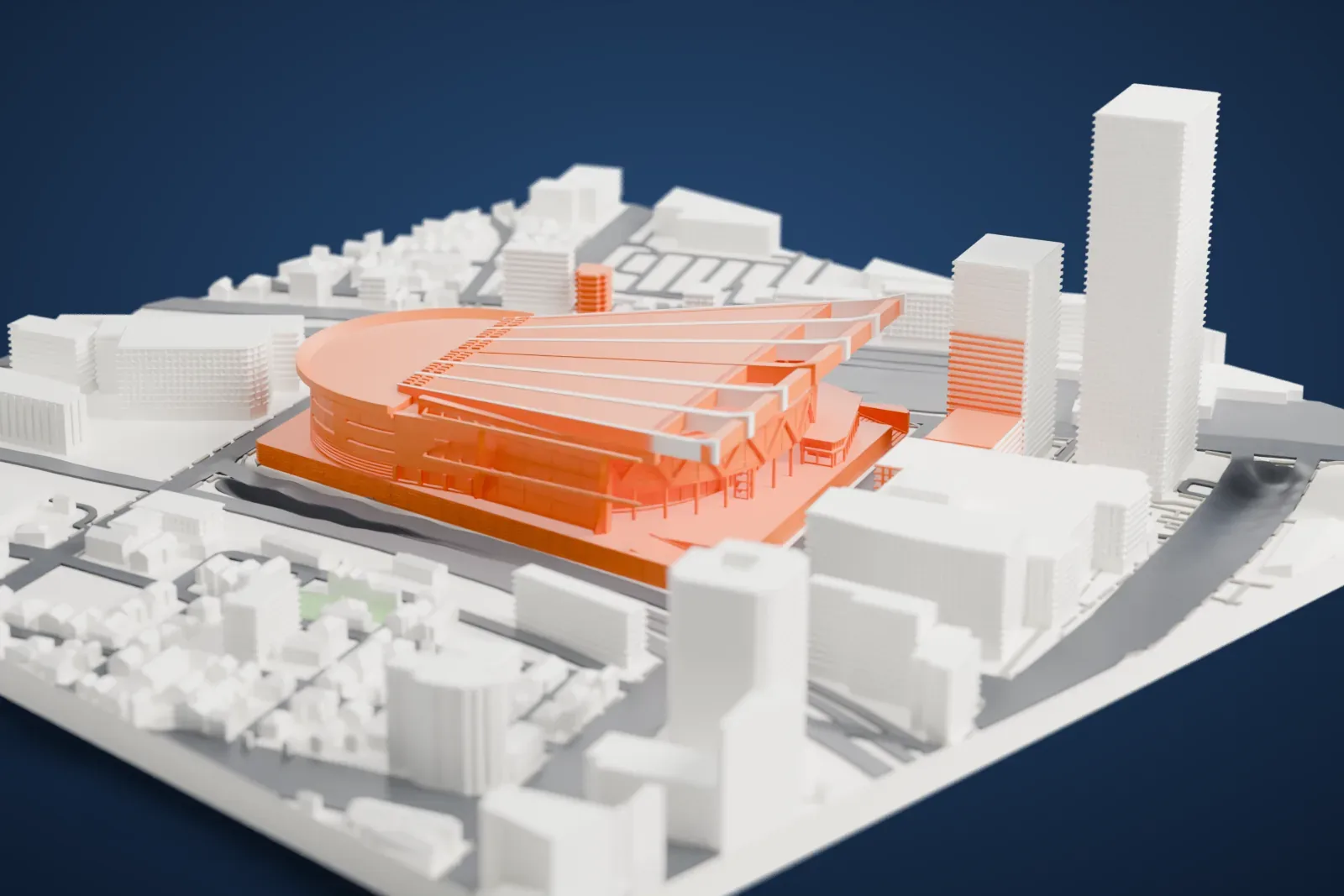 A white 3D print of Saitama Super Arena, a large arena with a fan-shaped ribbed roof and a rounded end, surrounded by roads and taller buildings.