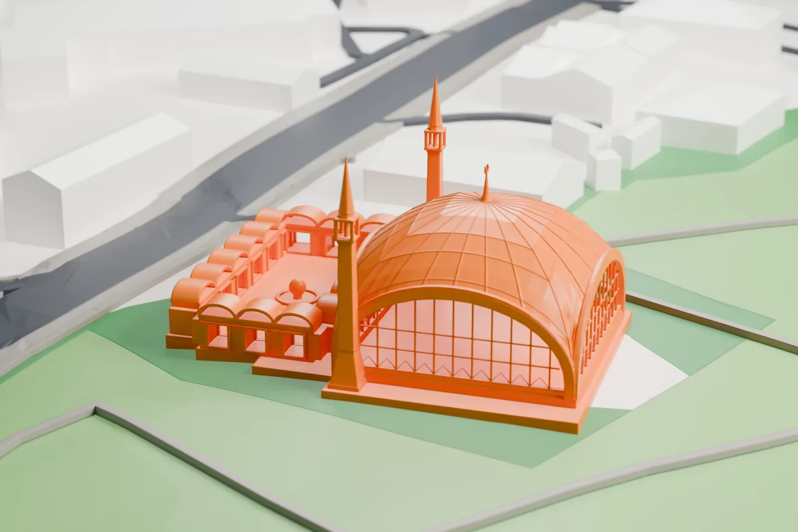 A white 3D print of the Şakirin Mosque in Istanbul, standing among the surrounding streets and buildings.