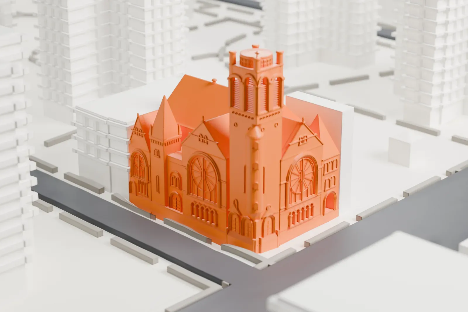 A white 3D print of Salem United Methodist Church, a large church with a tall corner tower, round windows and steep gabled roofs on a street corner among mid-rise buildings.