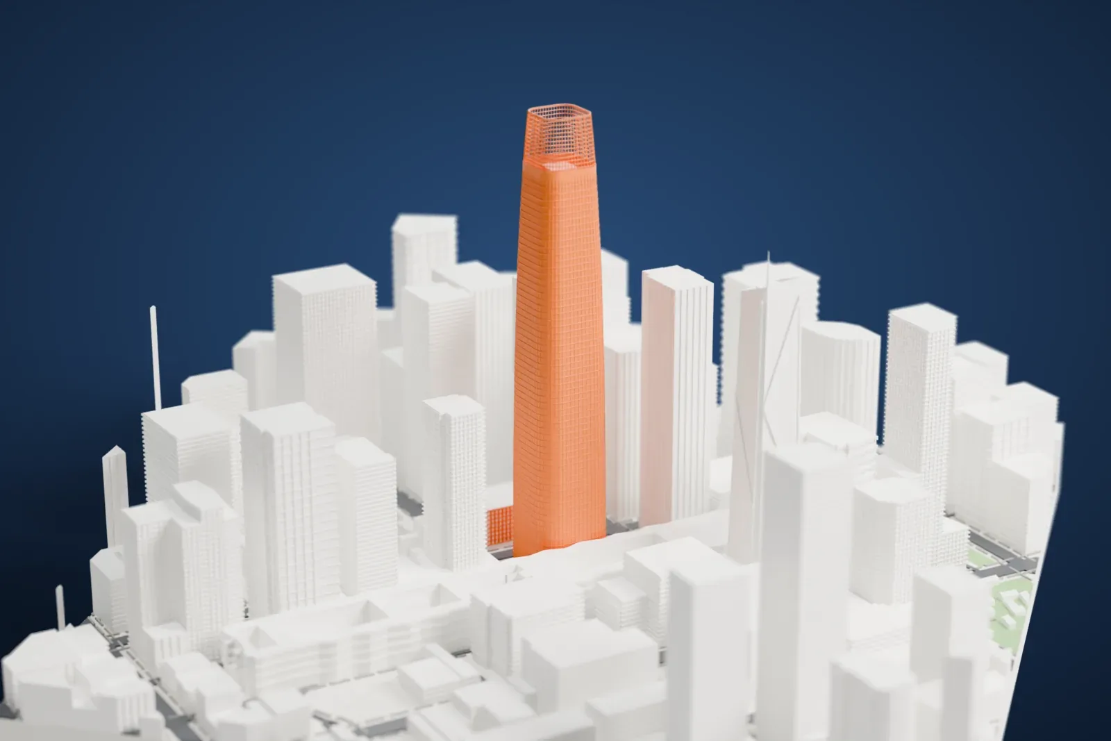 A white 3D print of Salesforce Tower, a tall tapering tower with an open lattice crown, rising above a dense cluster of downtown buildings.