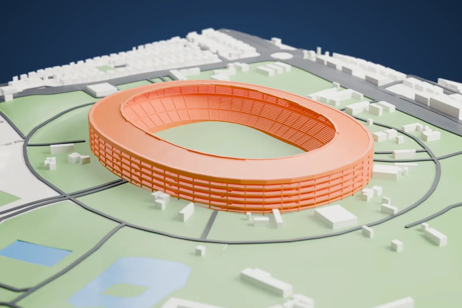 A white 3D print of the Salt Lake Stadium, a closed oval bowl under a continuous ring roof with three stepped tiers of seats inside it, among the surrounding streets and buildings.