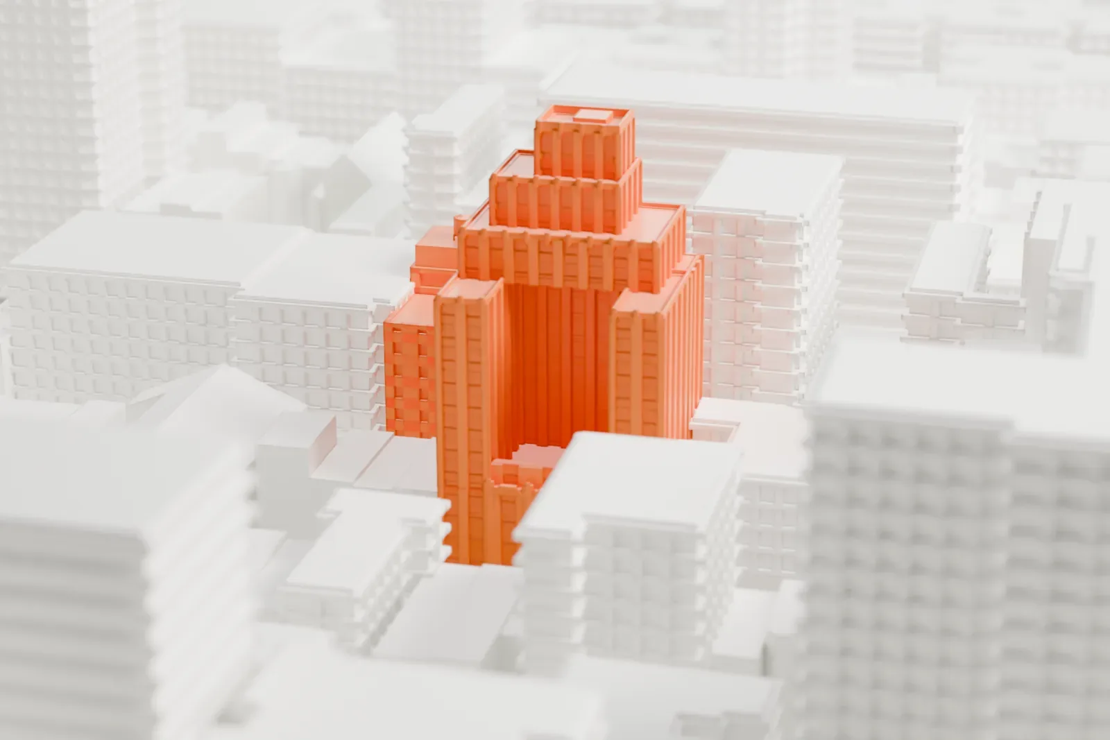 A white 3D print of the Salvation Army Headquarters, a stepped Art Deco tower and a lower wing, packed among surrounding city blocks.