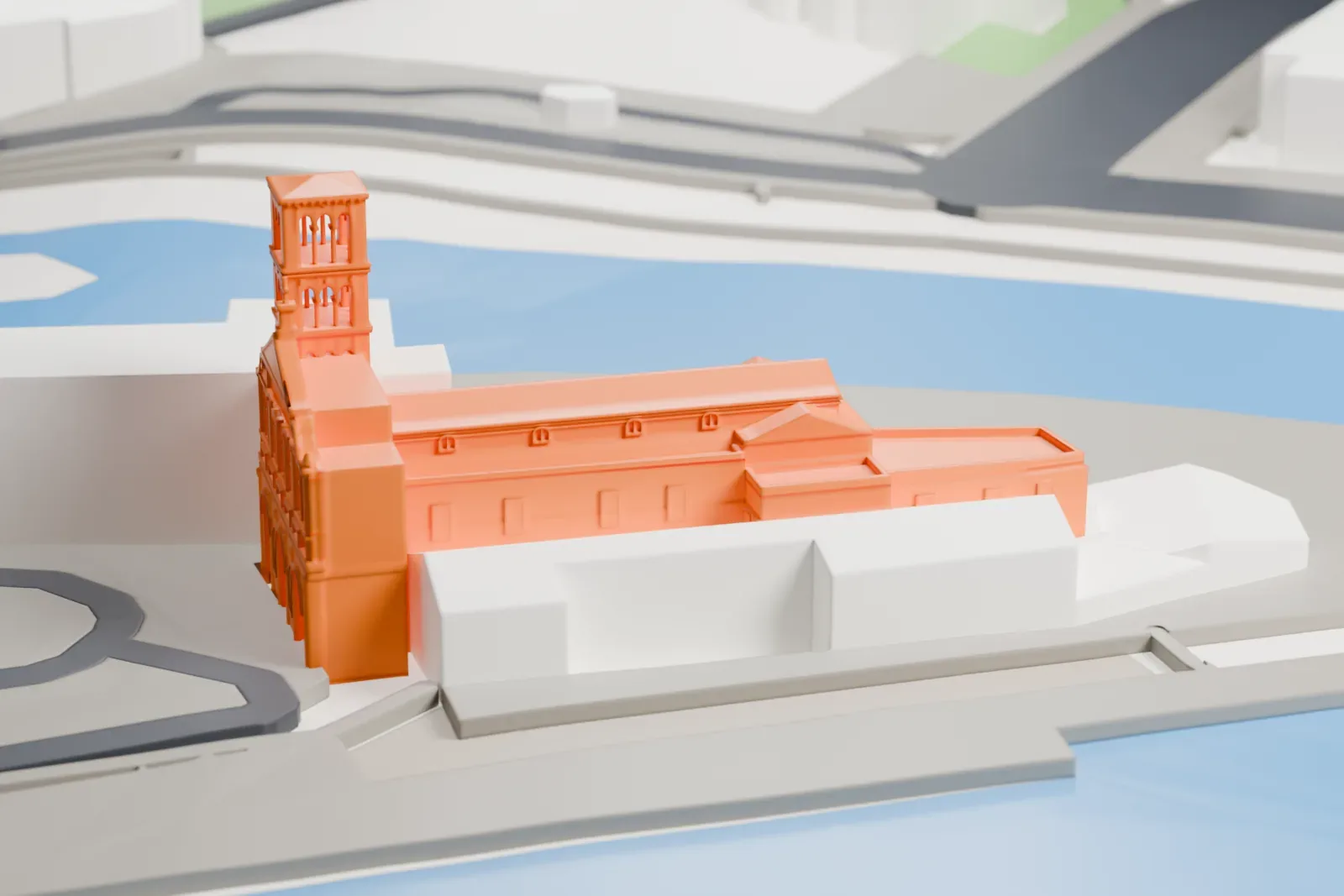 A white 3D print of San Bartolomeo all'Isola on Tiber Island, with the surrounding streets and buildings of Rome.