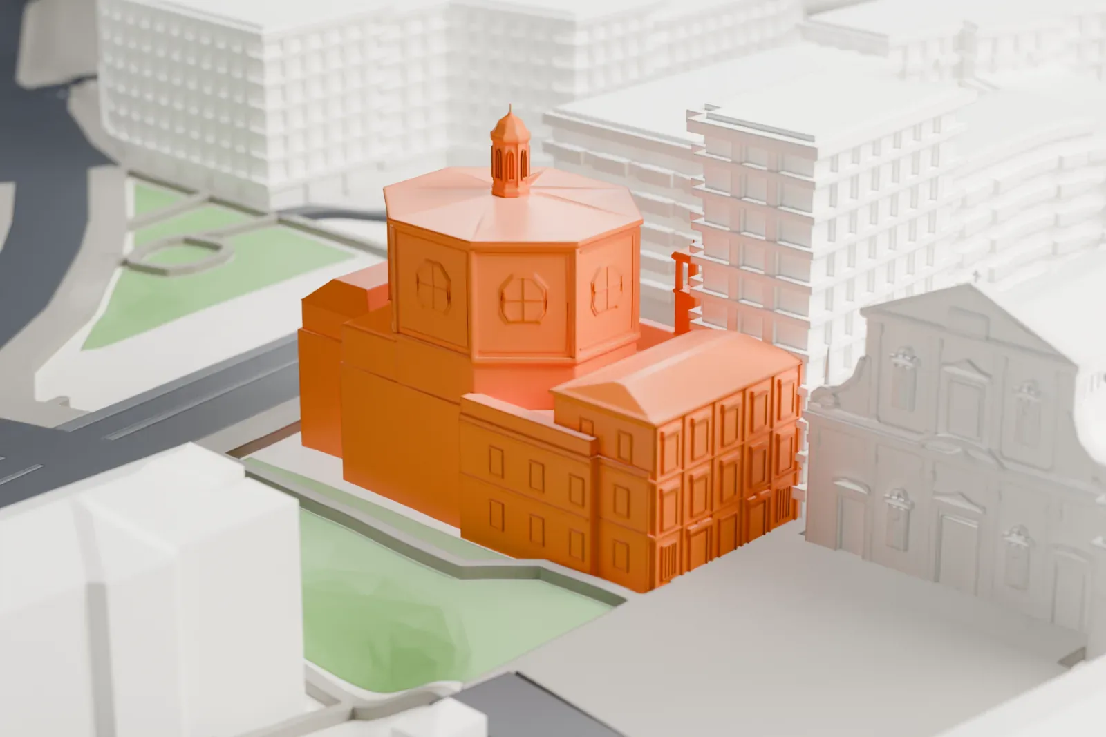A white 3D print of San Bernardino alle Ossa, with the surrounding streets and buildings of Milan around it.