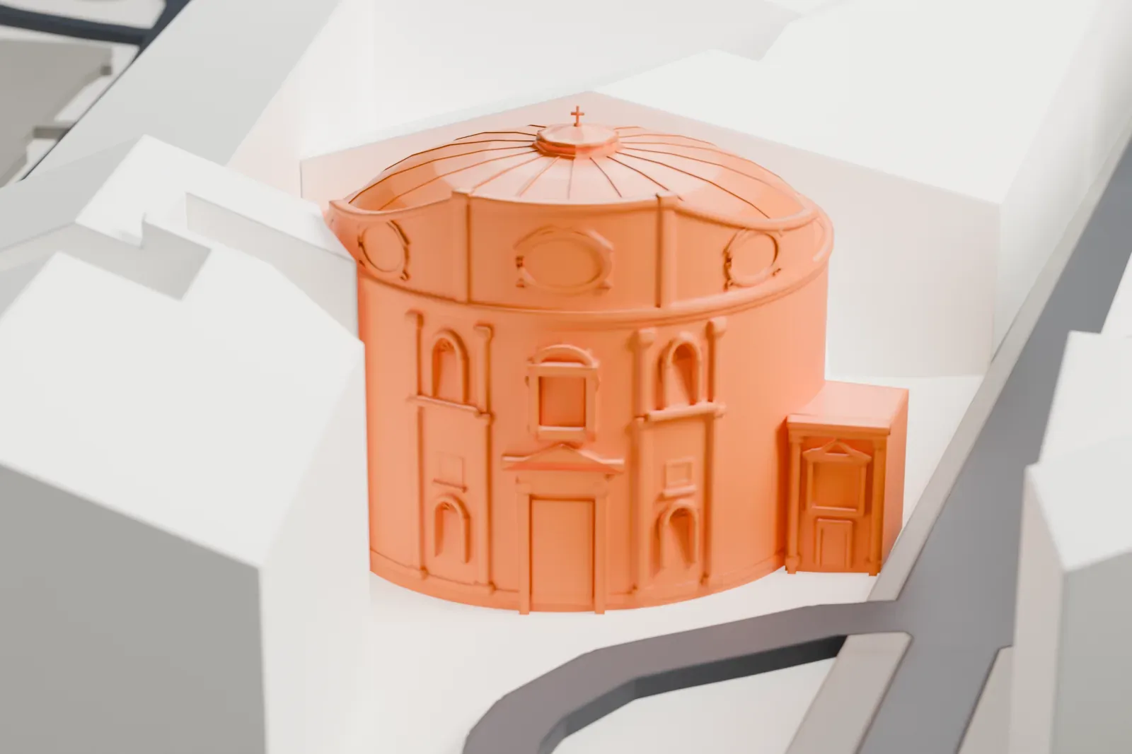 A white 3D print of San Bernardo alle Terme, a domed round church in Rome, with surrounding streets and buildings.