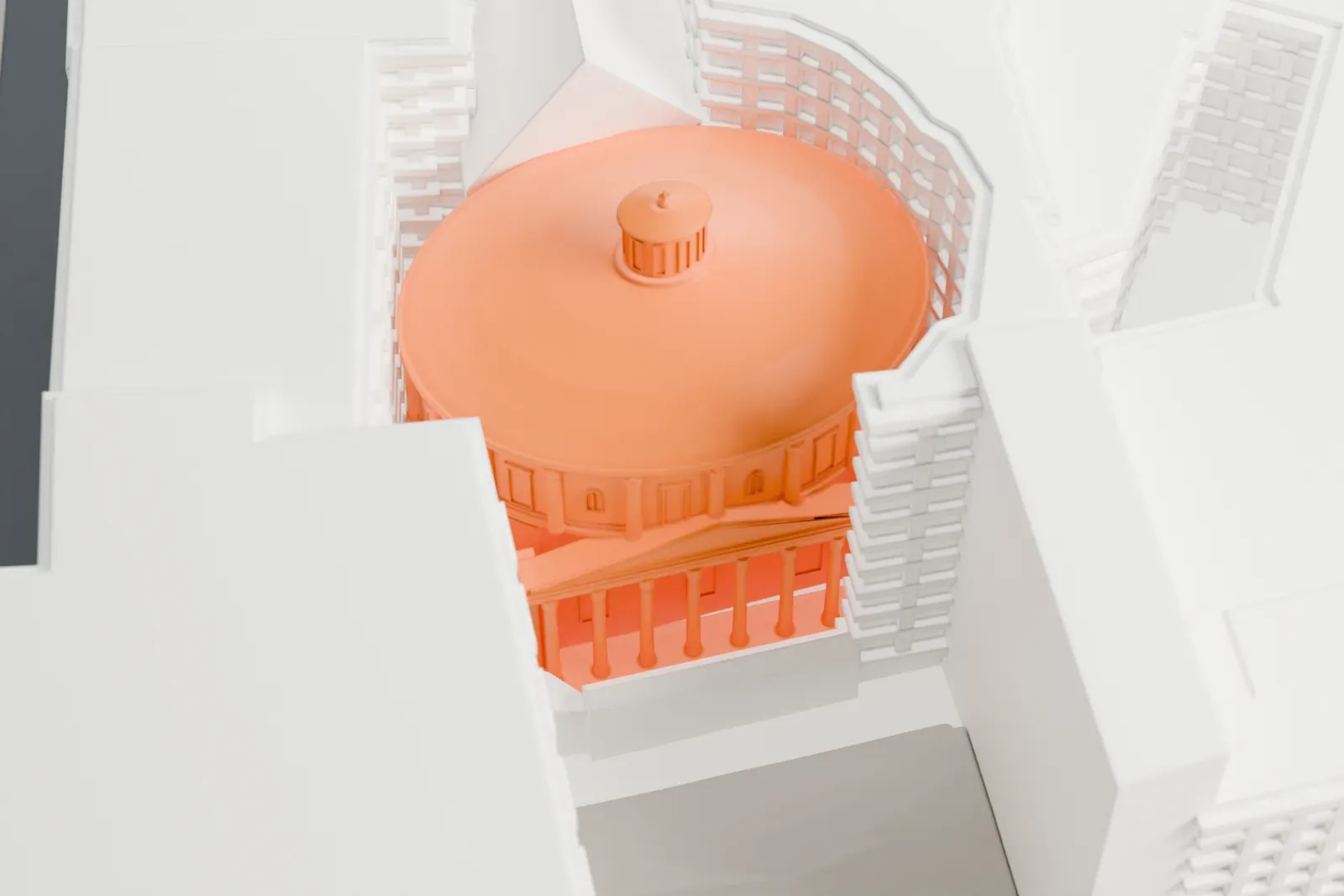 A white 3D print of San Carlo al Corso among the surrounding streets and buildings of central Milan.