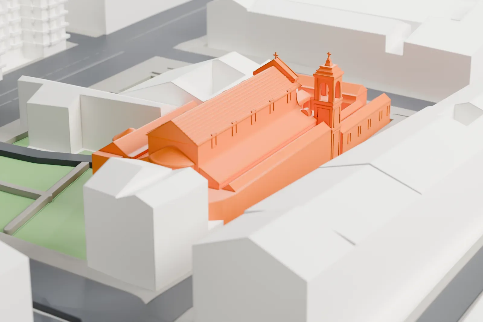 A white 3D print of San Clemente, Rome, with the surrounding streets and buildings around it.