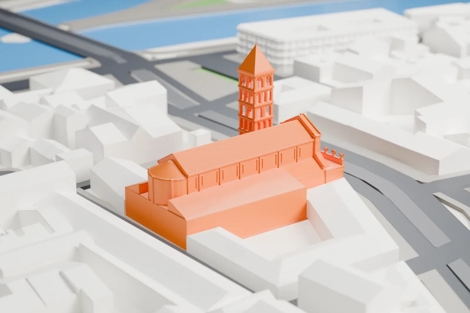 A white 3D print of San Crisogono among the surrounding streets and buildings.