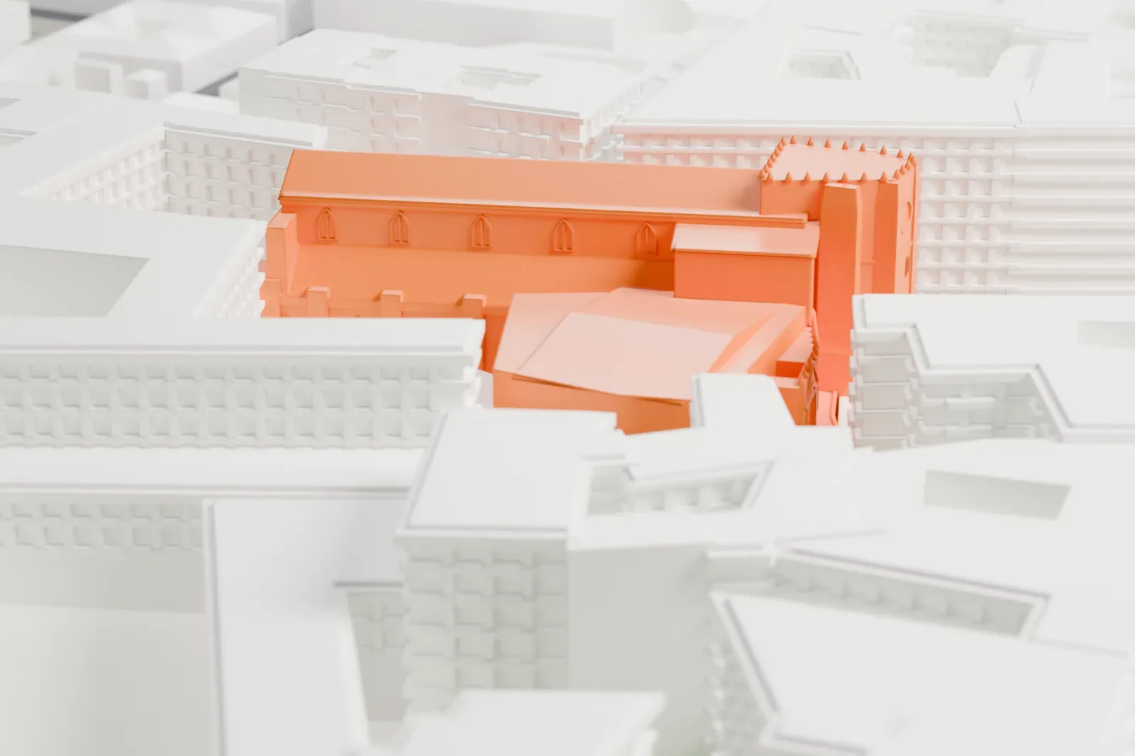 A white 3D print of San Domenico Maggiore among the surrounding streets and buildings.