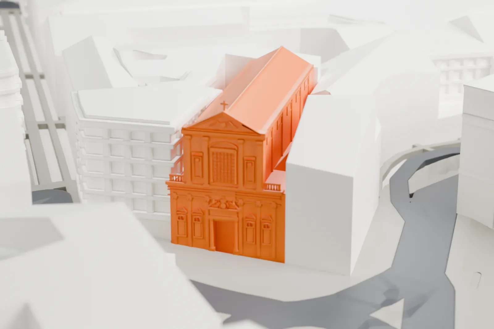 A white 3D print of the Church of San Ferdinando in Naples, shown among the surrounding streets and buildings.